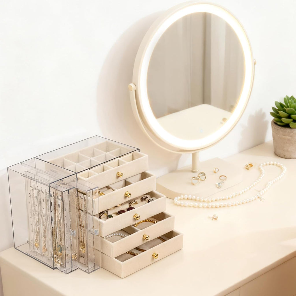 Jewelry Organizer and Storage with 7 Removable Drawers, Clear Acrylic Jewelry Box with 16 Necklace Hooks 48 Pairs of Earring Holes 5 Velvet-Lined Drawers for Rings Bracelets Necklaces