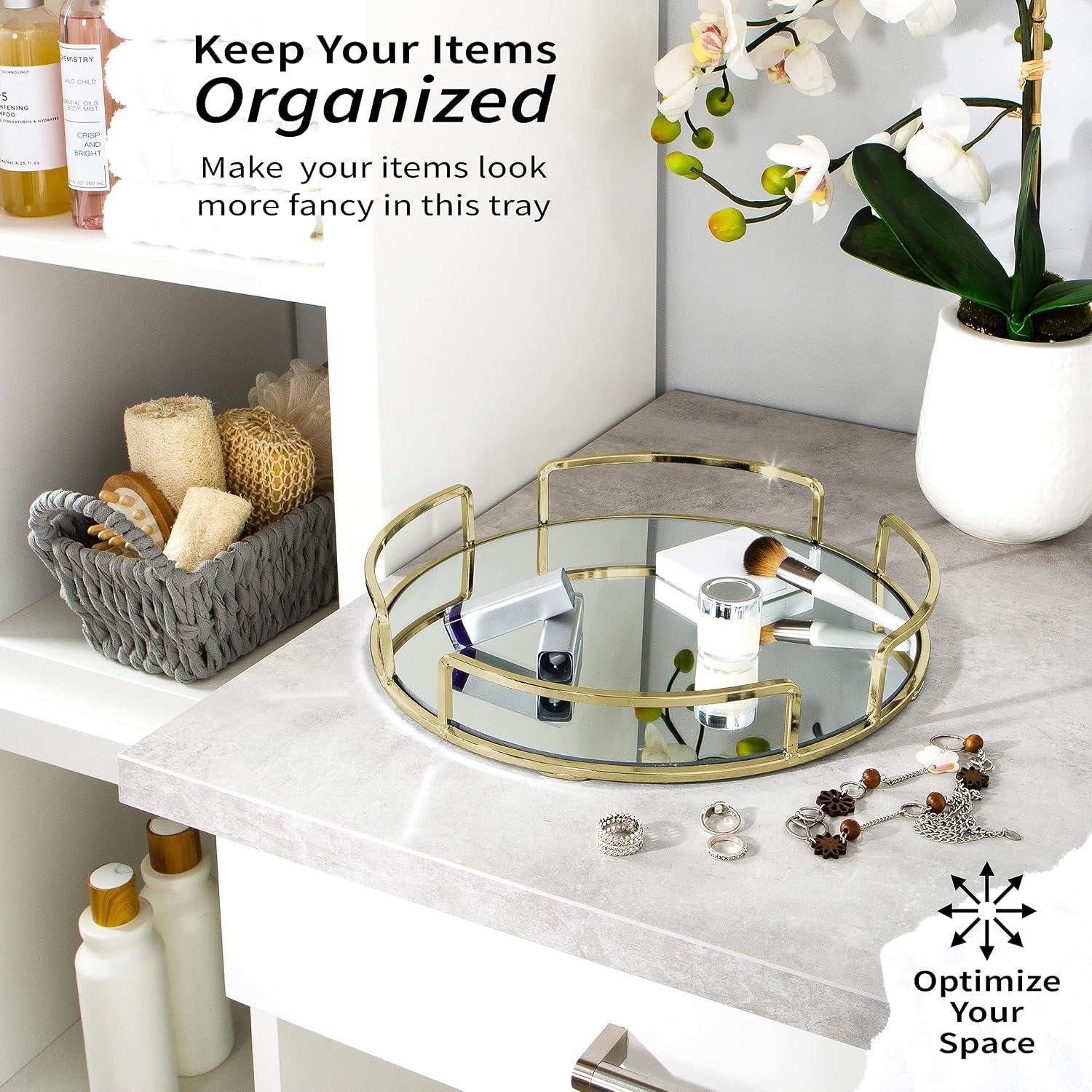 Rounded Mirrored Vanity Tray | Dimensions : 12.99" L X 12.99" W X 2.05" H | Glass Base | Great for Cosmetics | Jewelry | Toiletries | Organization | Stain Gold