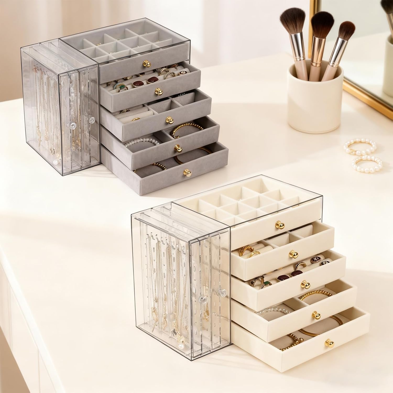 Jewelry Organizer and Storage with 7 Removable Drawers, Clear Acrylic Jewelry Box with 16 Necklace Hooks 48 Pairs of Earring Holes 5 Velvet-Lined Drawers for Rings Bracelets Necklaces