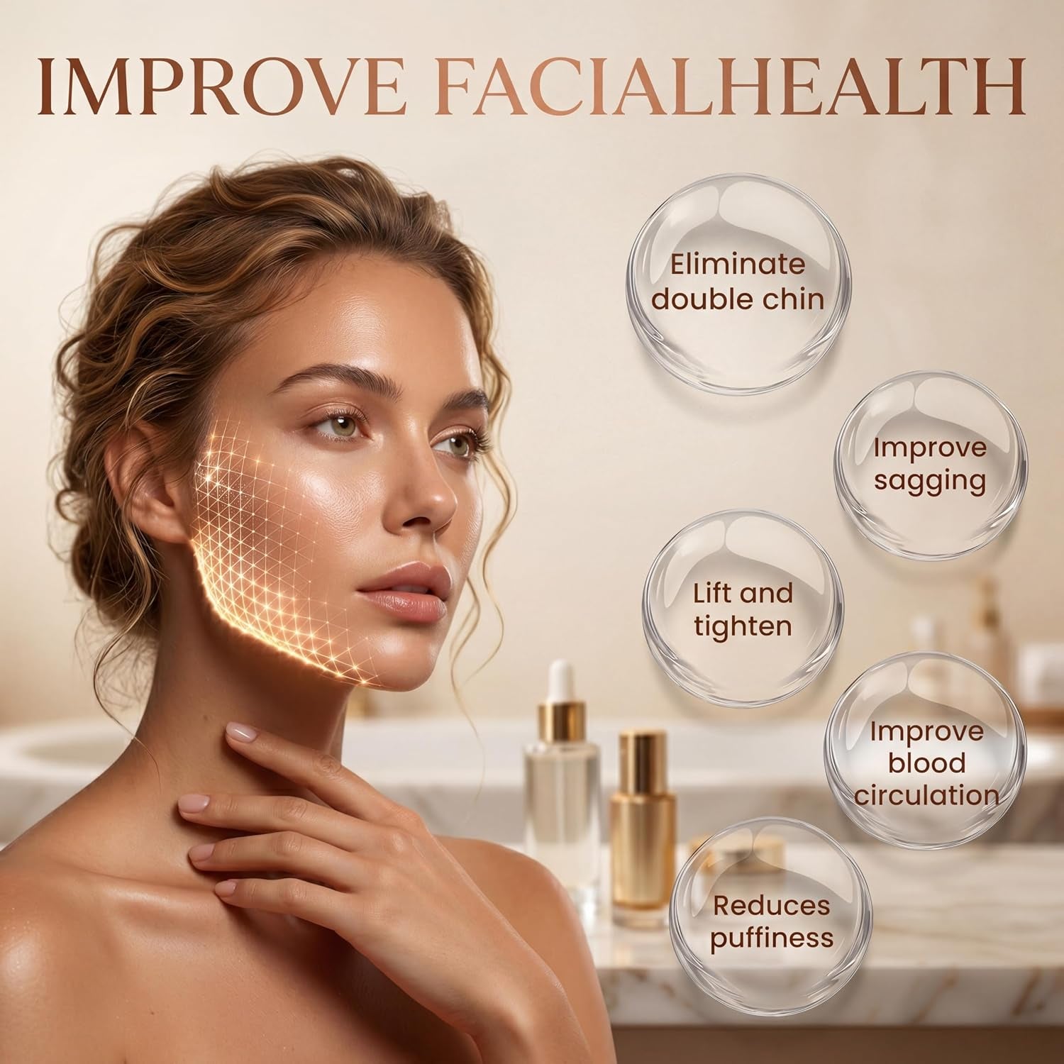 Lymphatic Drainage Face Brush for Sculpting, Contour Glow Massager Tool, Dry Brushing Facial Care for Jawline & Chin Definition, Ergonomic Beauty Applicator (Brown)