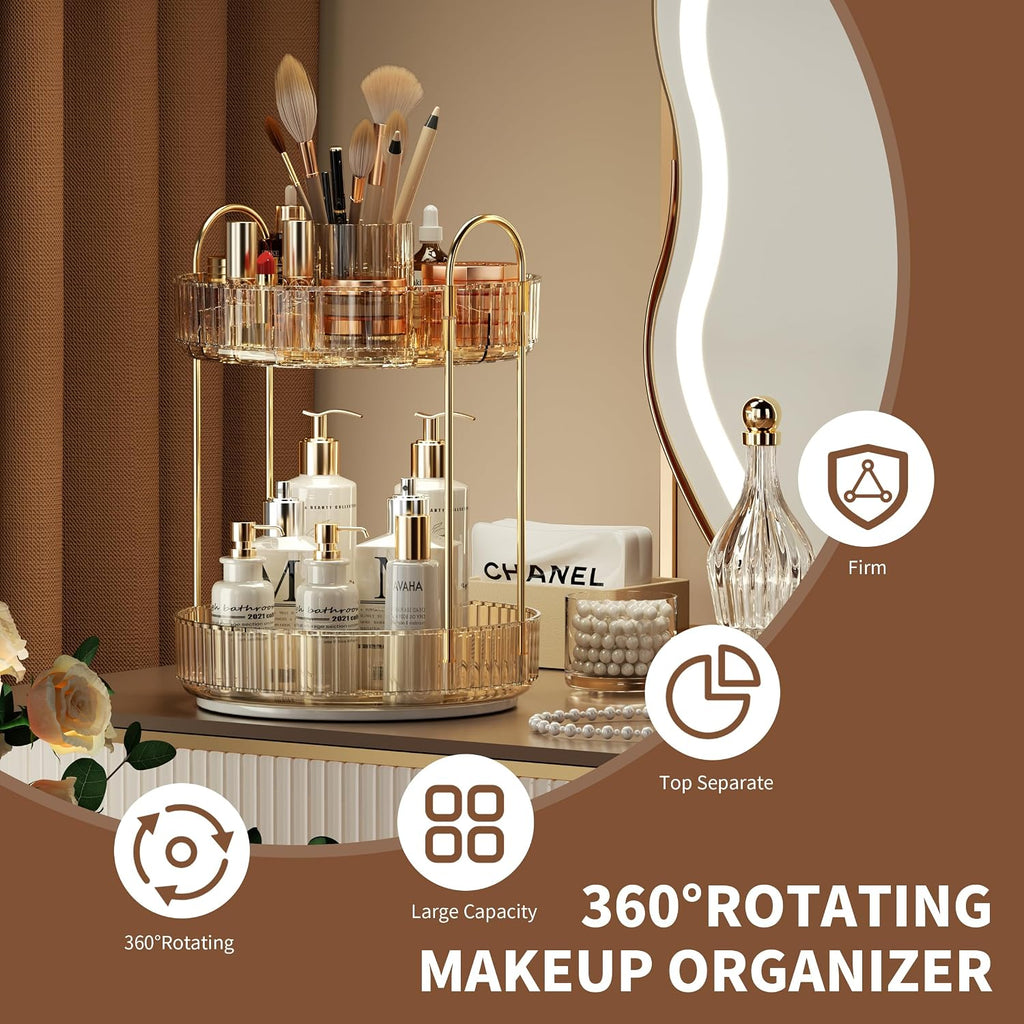 Rotating Makeup Organizer for Vanity, Large Capacity Make up Storage Skin Care Shelf Perfume Holders Cosmetic Dresser Organizer Countertop Spinning 360 (Amber Gold, 2Tiers)