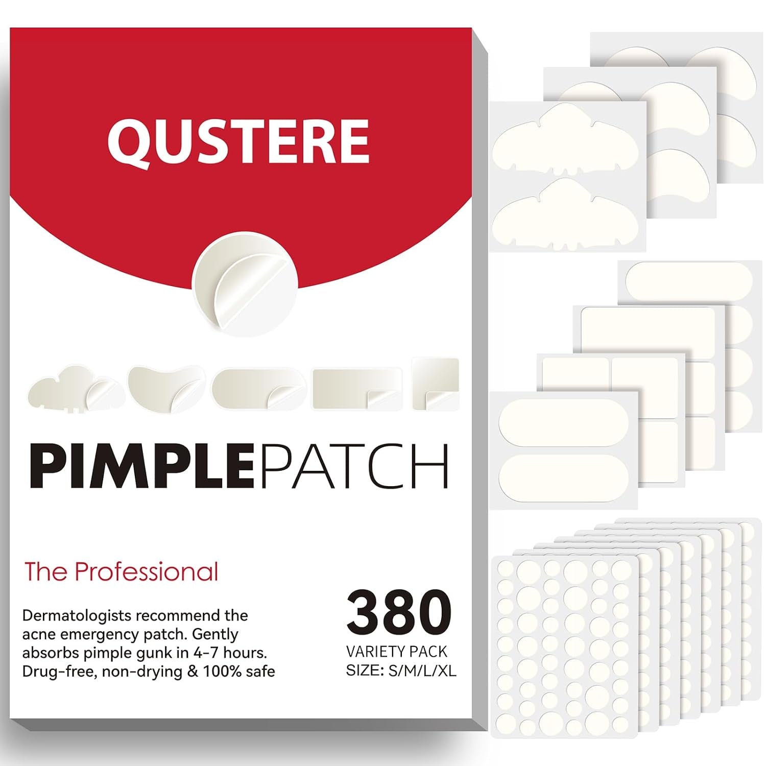 Large Pimple Patches for Face, Hydrocolloid Acne Patches, Big Hydrocolloid Bandages, Variety Shapes Zit Covers, Stickers with Tea Tree, Salicylic Acid & Cica Oil |8 Sizes |380 Count