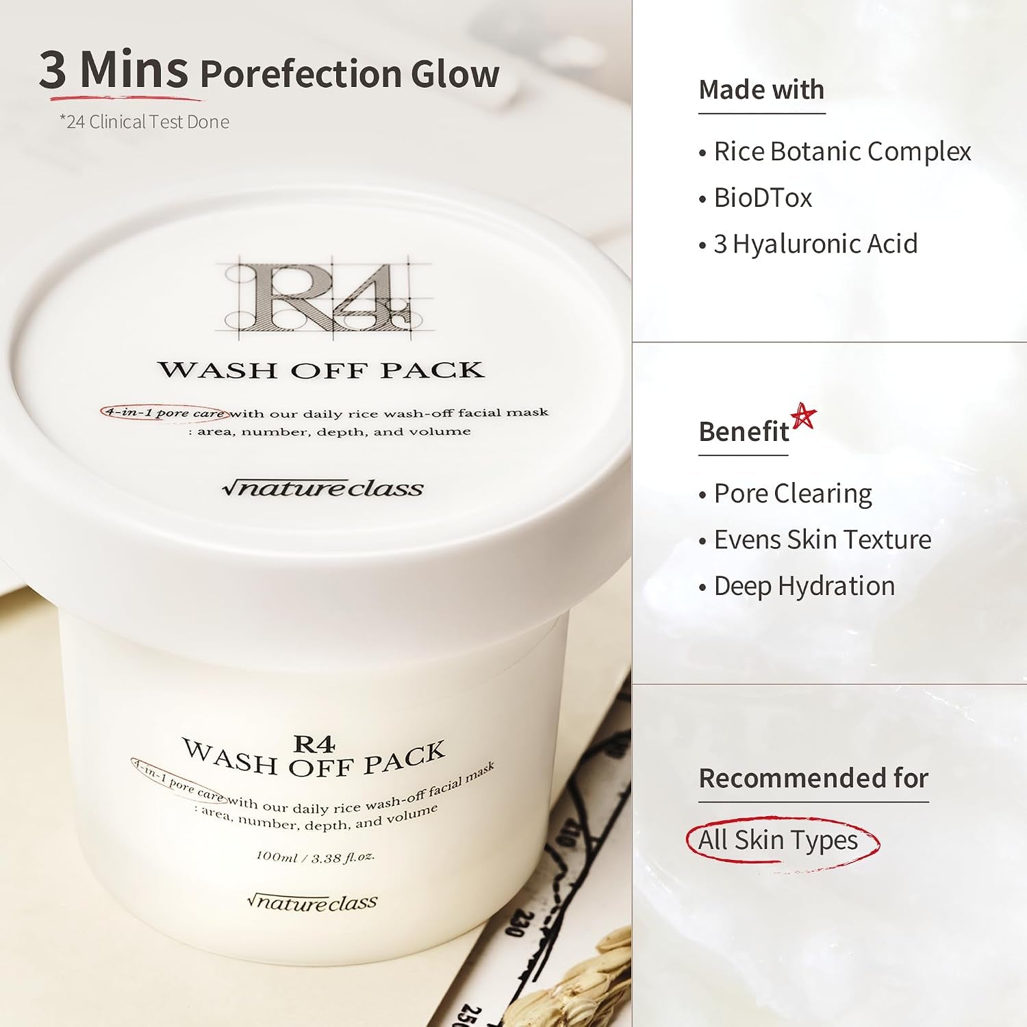 R4 Rice Wash off Facial Mask – 4-In-1 Korean Skin Care, Pore Refining, Gentle Exfoliating, Hydrating, Smooth Texture, Rice Ferment & Enzyme, Soft Cream Wash-Off, 3.38 Fl Oz