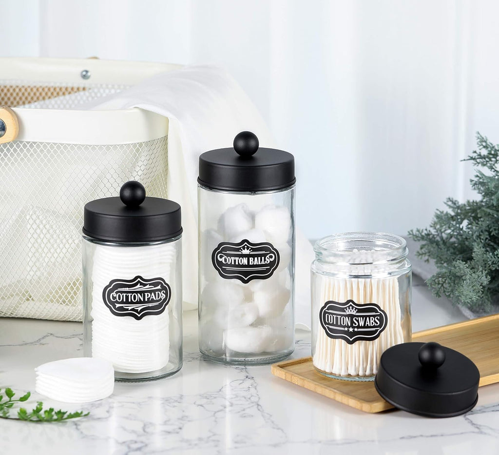 Apothecary Jars 3 Pack - Glass Bathroom Containers with Stainless Steel Lids - Rustic Farmhouse Decor Bathroom Accessories, Vanity Organizer Apothecary Jars for Qtip/Cotton Balls (Matte Black)