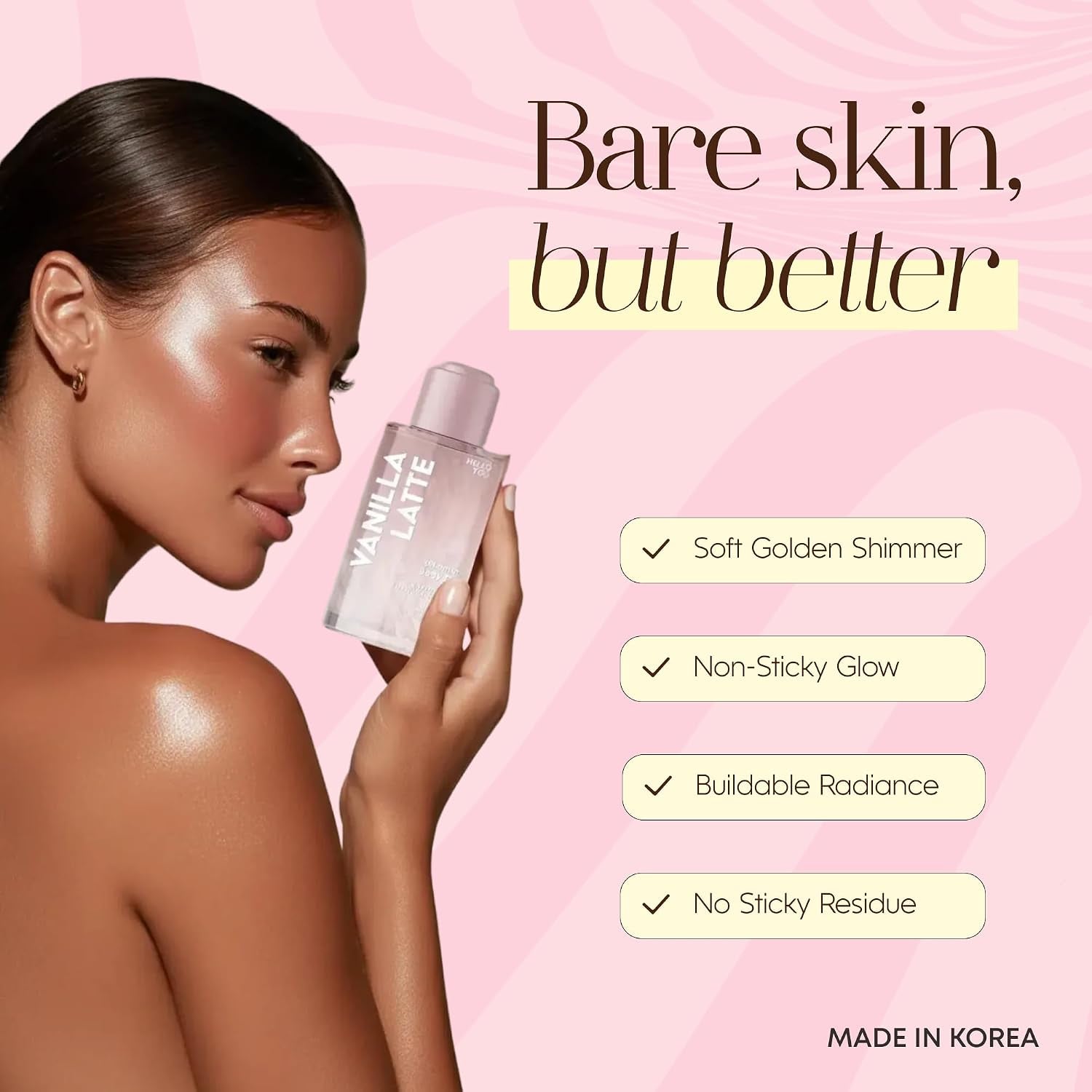 Jojoba Oil & Hyaluronic Acid Shimmer Body Oil – Dermatologist Tested, anti Aging, Korean Skin Care – Deep Hydration & Plumping Glow with Vanilla Latte Scent – Vegan Clean Beauty – 3.38 Fl Oz