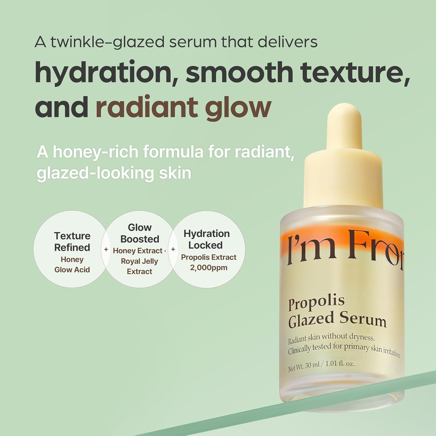 Propolis Glazed Serum, Honey-Based Glow Serum for Glass Skin, Hydration & Skin Barrier Care, Lightweight Dual-Layer Formula, Niacinamide, Korean Skin Care 1.01Fl.Oz