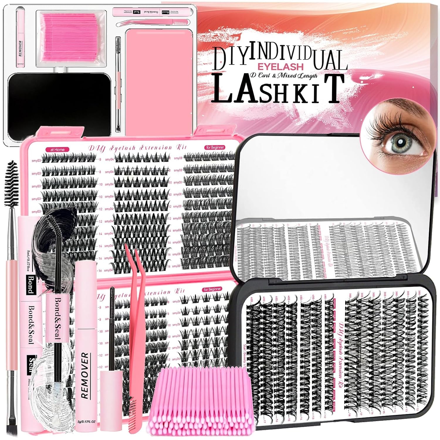 DIY Wispy Lash Extension Kit 620Pcs D Curl 6 Styles Individual Lash Clusters Eyelash Extension with Lash Bond and Seal,Quick Glue Remover Tweezers Eyelash Brush Mini Applicator