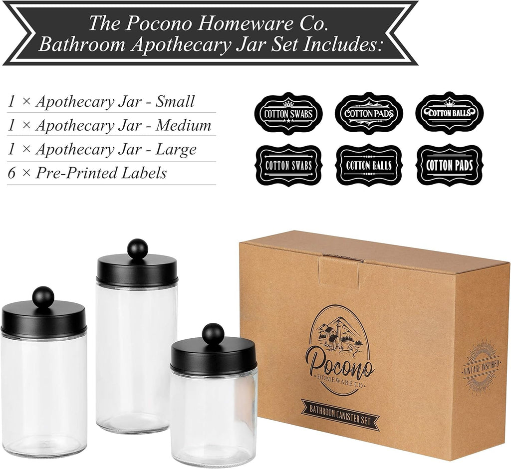 Apothecary Jars 3 Pack - Glass Bathroom Containers with Stainless Steel Lids - Rustic Farmhouse Decor Bathroom Accessories, Vanity Organizer Apothecary Jars for Qtip/Cotton Balls (Matte Black)