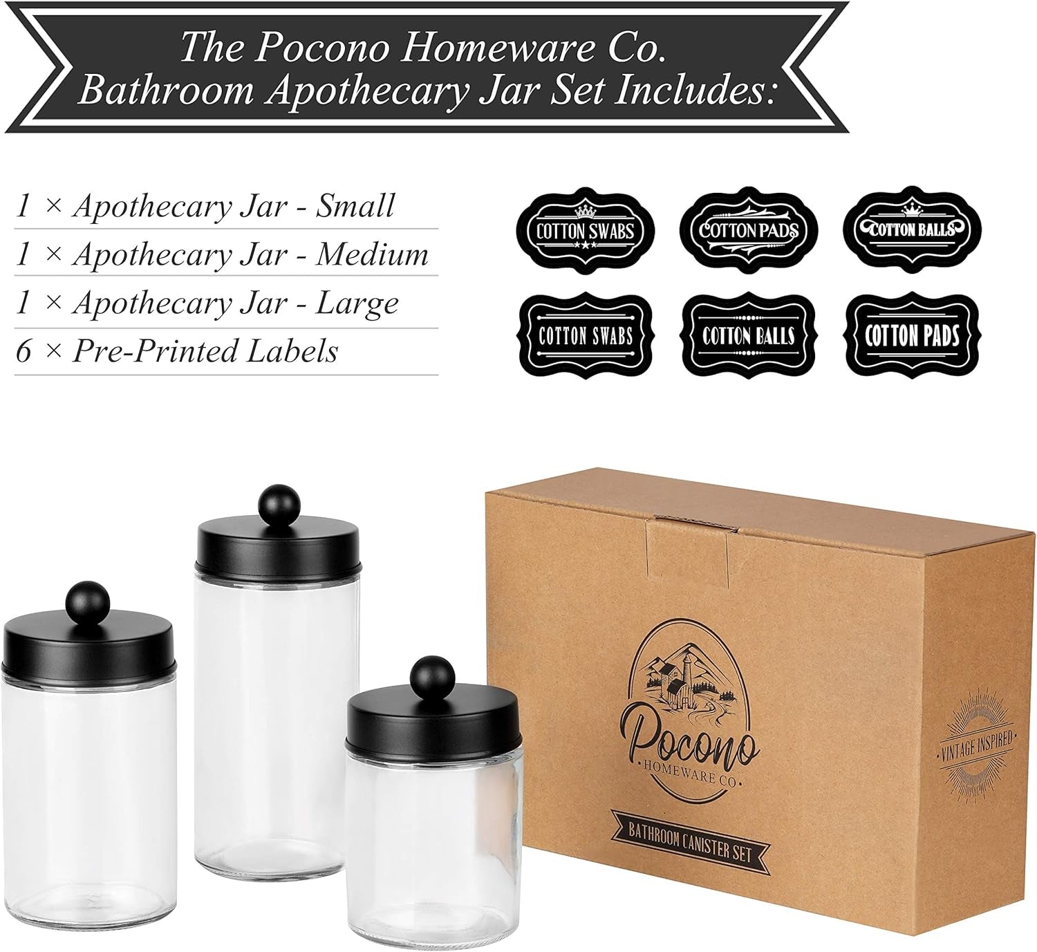 Apothecary Jars 3 Pack - Glass Bathroom Containers with Stainless Steel Lids - Rustic Farmhouse Decor Bathroom Accessories, Vanity Organizer Apothecary Jars for Qtip/Cotton Balls (Matte Black)