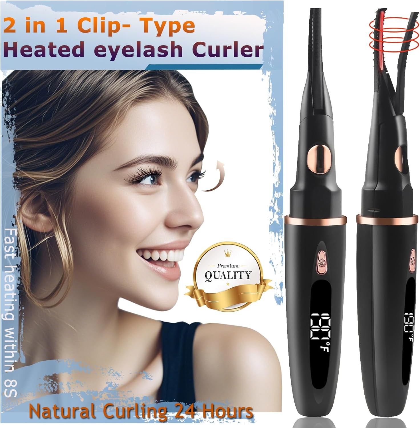 Heated Eyelash Curlers - 2 in 1 Clip- Type Heated Lash Curler Best Seller Electric Eyelash Curler LED Display 3 Temp Settings for Makeup Tools USB Rechargeable Natural Curling 24H Long Lasting QI5