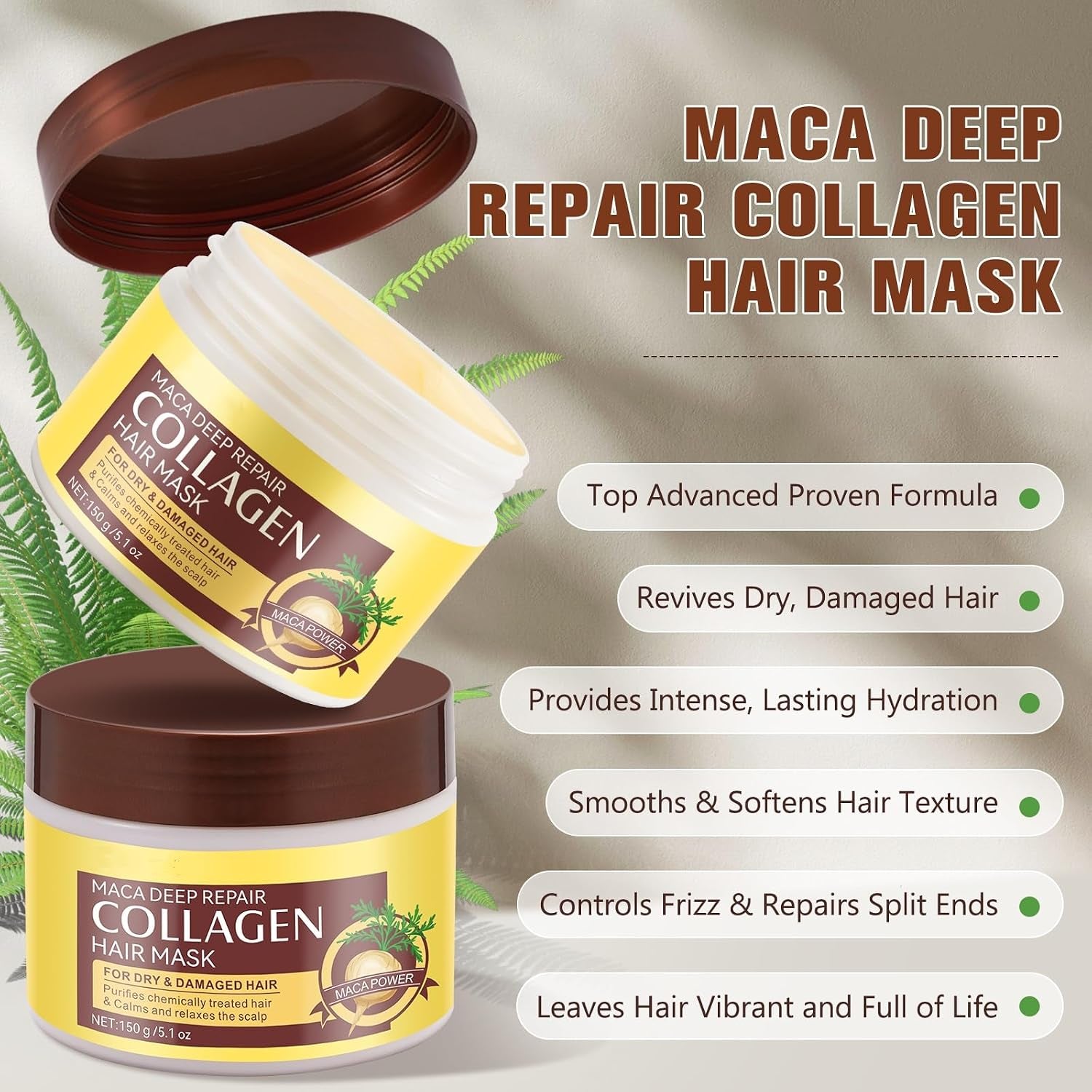 Collagen Hair Mask, Collagen Hair Treatment for Dry Damaged Hair, Deep Repair Conditioner with Maca Essence, Hydrating and Moisturizes Hair - 150Ml