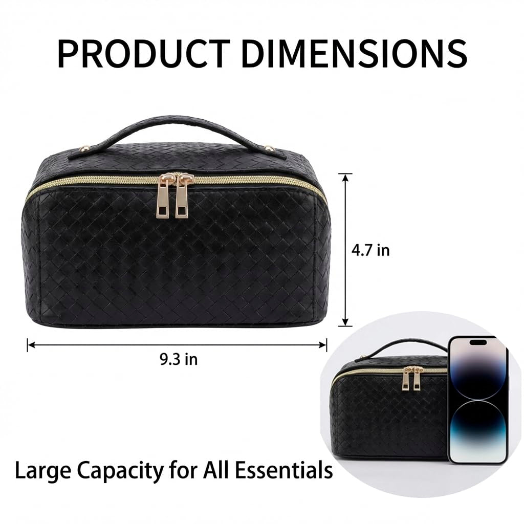 Travel Makeup Bag for Women, Cosmetic Organizer Bag with Compartments | Flat Open Cosmetic Bag, Multiple Compartments, Water-Resistant PU Leather for Skincare, Brushes & Travel Essentials, Black
