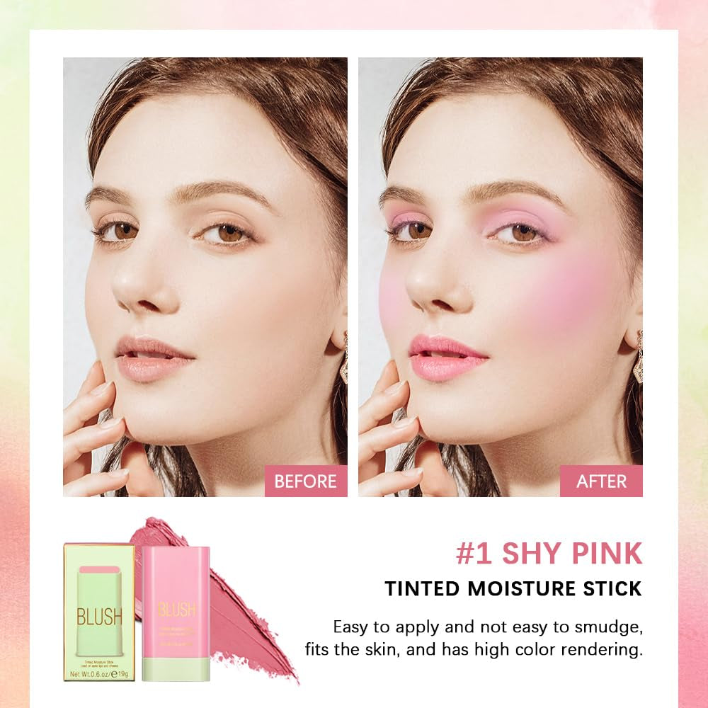 Multi-Use Blush Stick,Soft Creamy Blush,2-In-1 Cheek and Lip Tint,Waterproof Hydrating Solid Natural Moisture Smooth Blendable Matte Finish Face Blush Makeup,01 Shy Pink