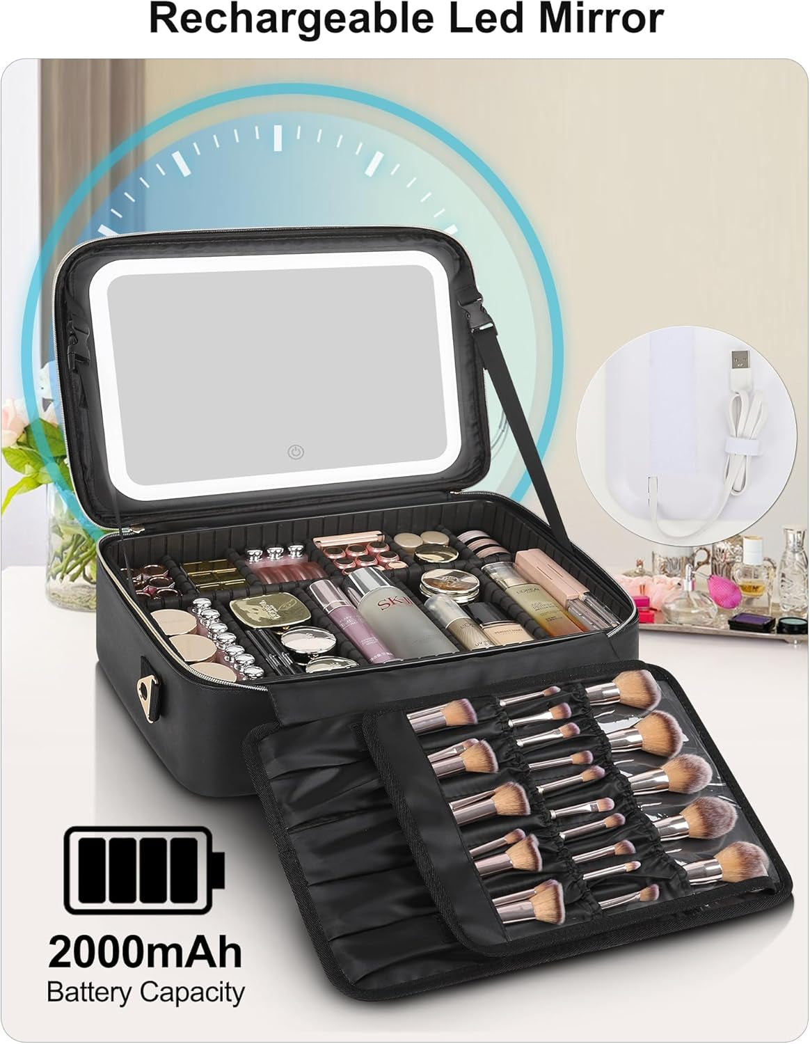 Travel Makeup Bag with LED Mirror, 16.2" Large Makeup Train Case | 3 Color Scenarios Adjustable Brightness, Waterproof Makeup Train Case Organizer with DIY Dividers for Makeup Artist, Black