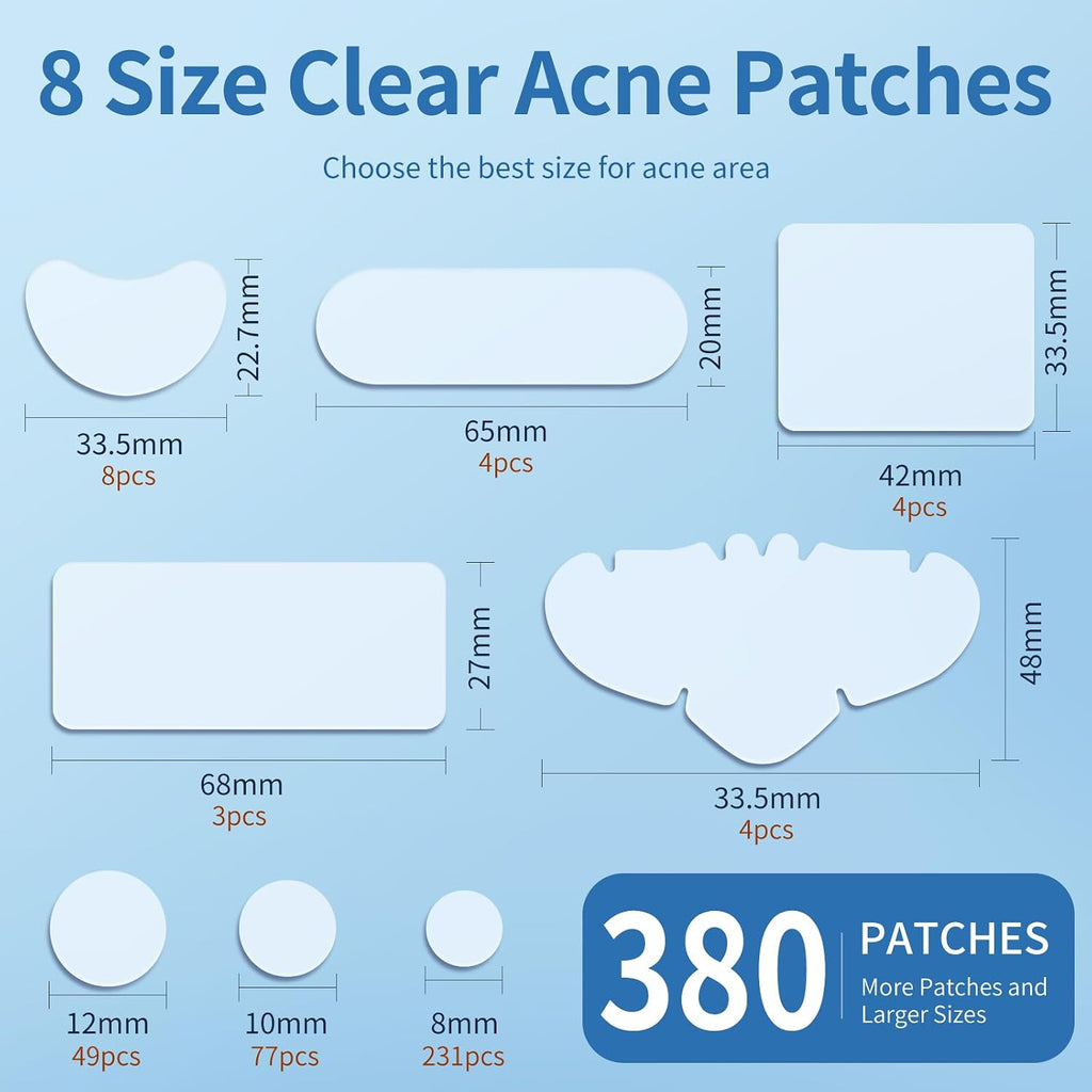 Large Pimple Patches for Face, Hydrocolloid Acne Patches, Big Hydrocolloid Bandages, Variety Shapes Zit Covers, Stickers with Tea Tree, Salicylic Acid & Cica Oil |8 Sizes |380 Count