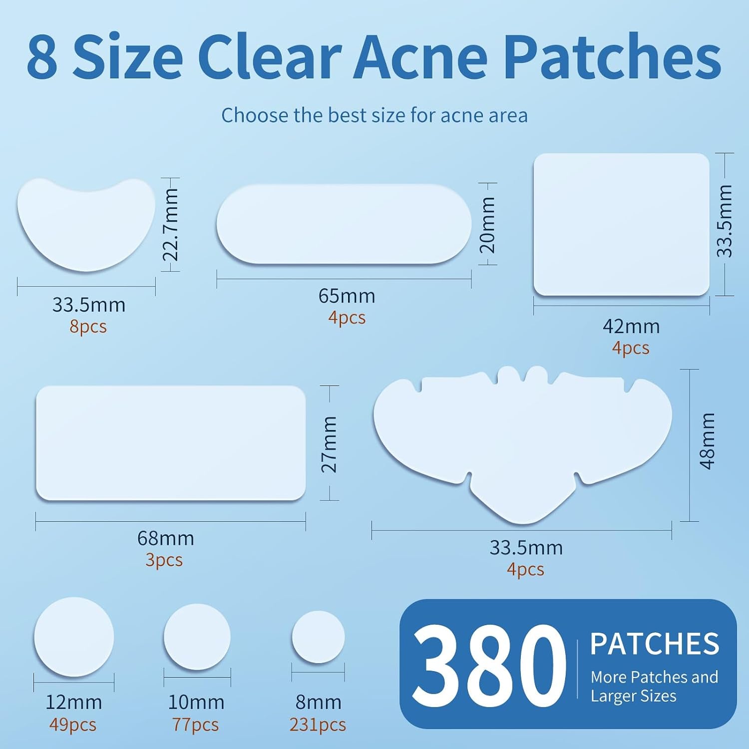 Large Pimple Patches for Face, Hydrocolloid Acne Patches, Big Hydrocolloid Bandages, Variety Shapes Zit Covers, Stickers with Tea Tree, Salicylic Acid & Cica Oil |8 Sizes |380 Count