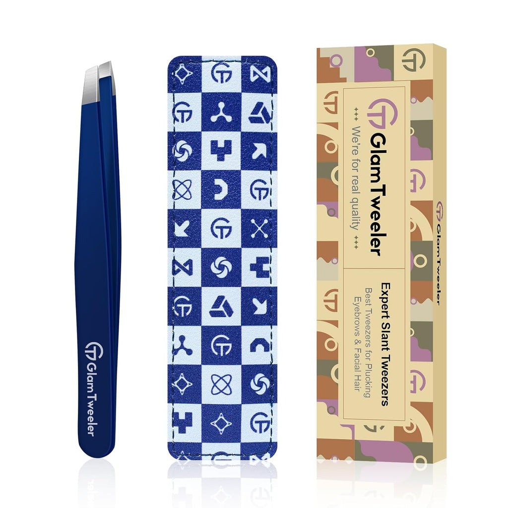 Expert Slant Tip Tweezers with Leather Travel Case,  Sharp & Precision Stainless Steel Tweezer for Eyebrows, Facial Hair and Fine Hairs Removal (Navy Blue)