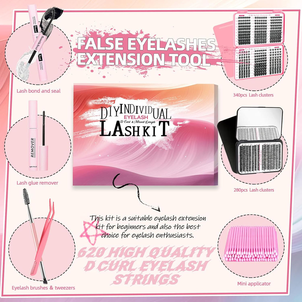 DIY Wispy Lash Extension Kit 620Pcs D Curl 6 Styles Individual Lash Clusters Eyelash Extension with Lash Bond and Seal,Quick Glue Remover Tweezers Eyelash Brush Mini Applicator