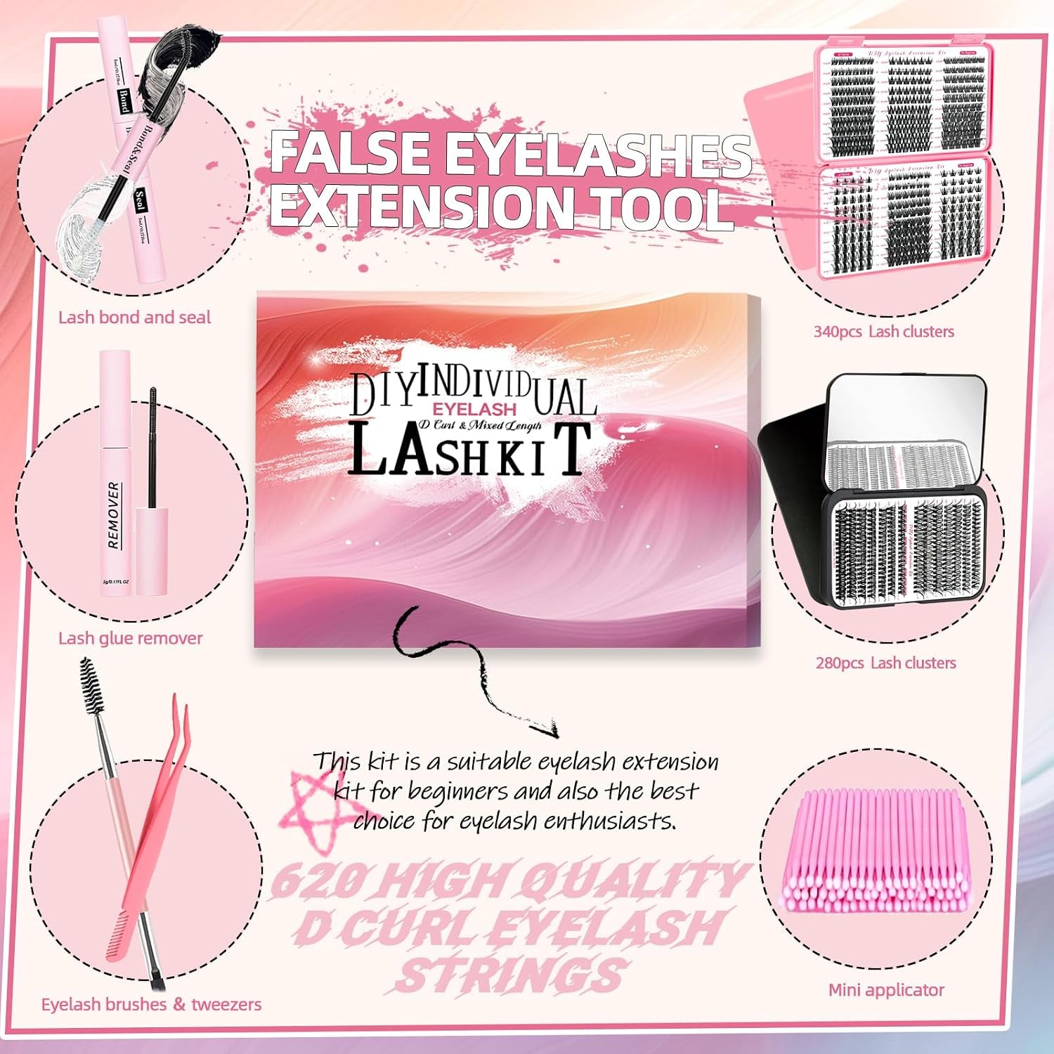 DIY Wispy Lash Extension Kit 620Pcs D Curl 6 Styles Individual Lash Clusters Eyelash Extension with Lash Bond and Seal,Quick Glue Remover Tweezers Eyelash Brush Mini Applicator