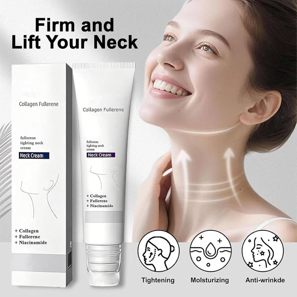 Magic Collagen Fullerene Neck Cream, Tighten and Lift Firming Neck Cream for Crepey Skin, Collagen Neck Cream with Five Rollers, Anti-Wrinkle Moisturizing Neck Skincare for Skin Types (1Pc)