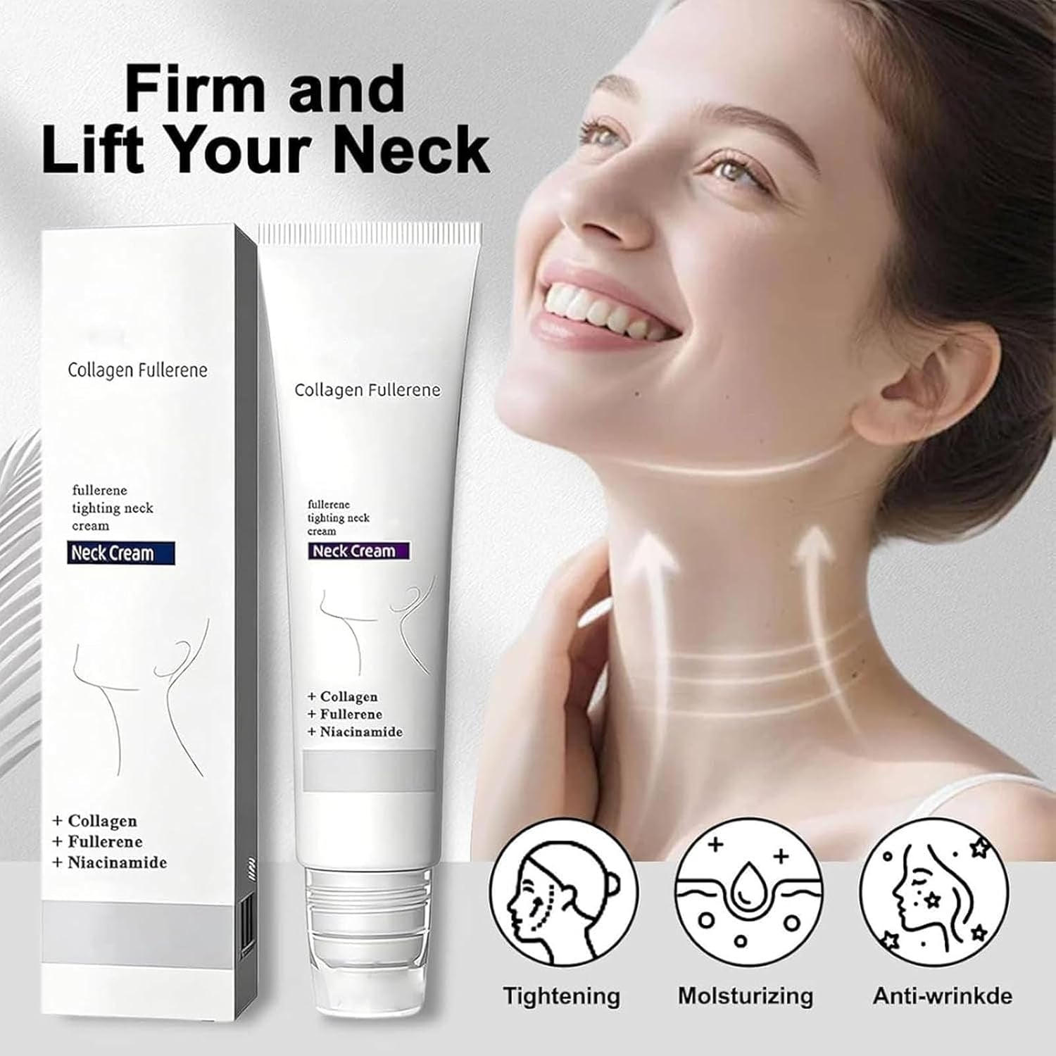 Magic Collagen Fullerene Neck Cream, Tighten and Lift Firming Neck Cream for Crepey Skin, Collagen Neck Cream with Five Rollers, Anti-Wrinkle Moisturizing Neck Skincare for Skin Types (1Pc)