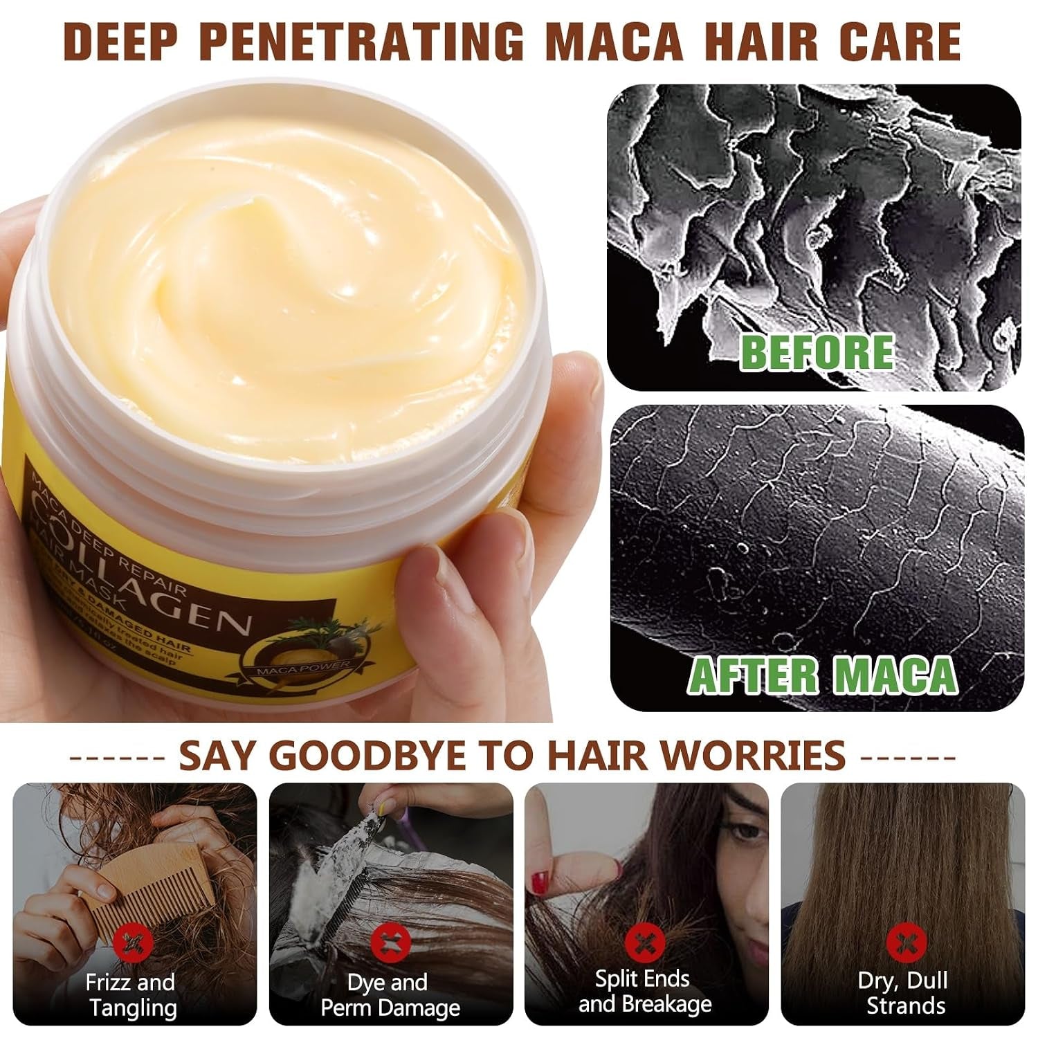 Collagen Hair Mask, Collagen Hair Treatment for Dry Damaged Hair, Deep Repair Conditioner with Maca Essence, Hydrating and Moisturizes Hair - 150Ml