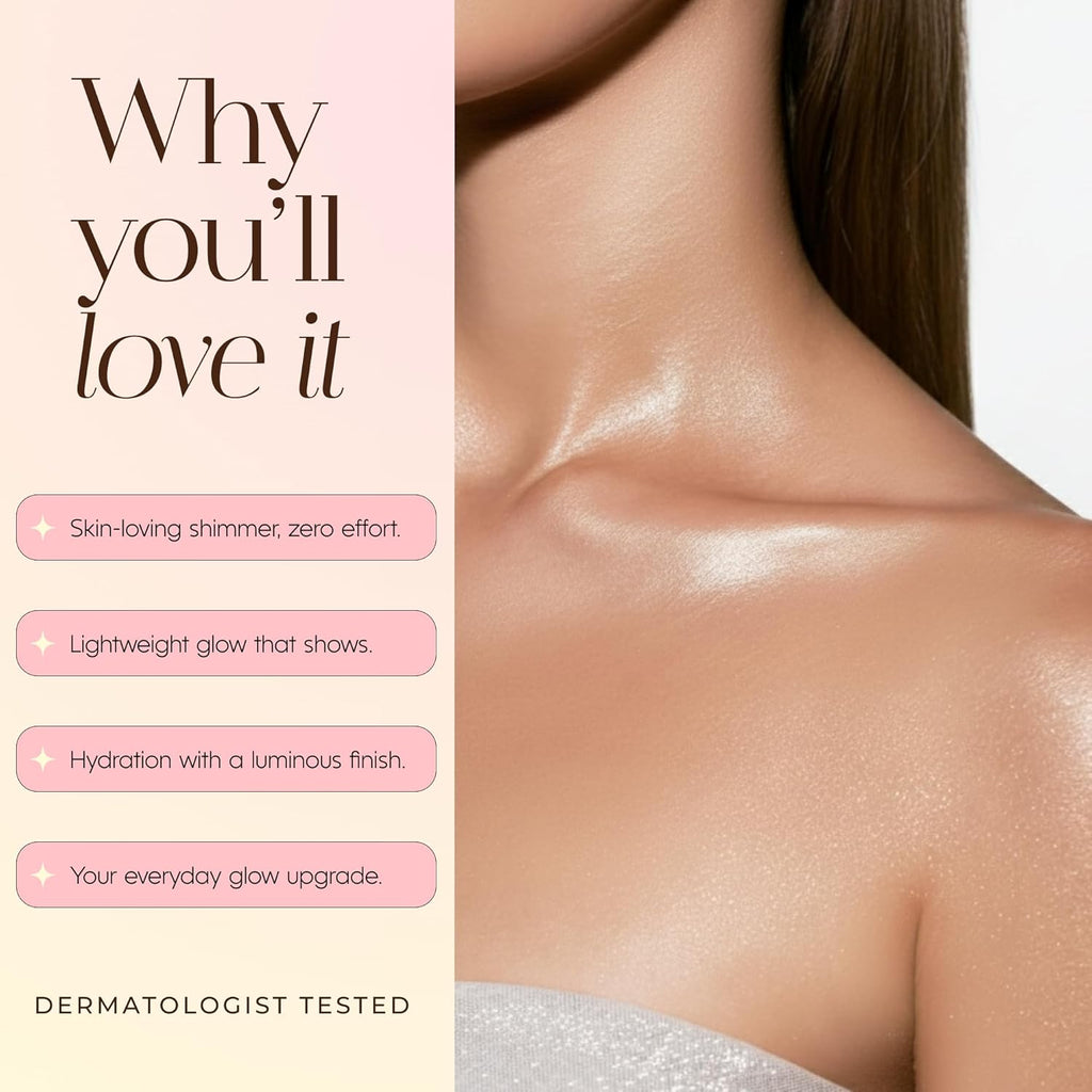 Jojoba Oil & Hyaluronic Acid Shimmer Body Oil – Dermatologist Tested, anti Aging, Korean Skin Care – Deep Hydration & Plumping Glow with Vanilla Latte Scent – Vegan Clean Beauty – 3.38 Fl Oz