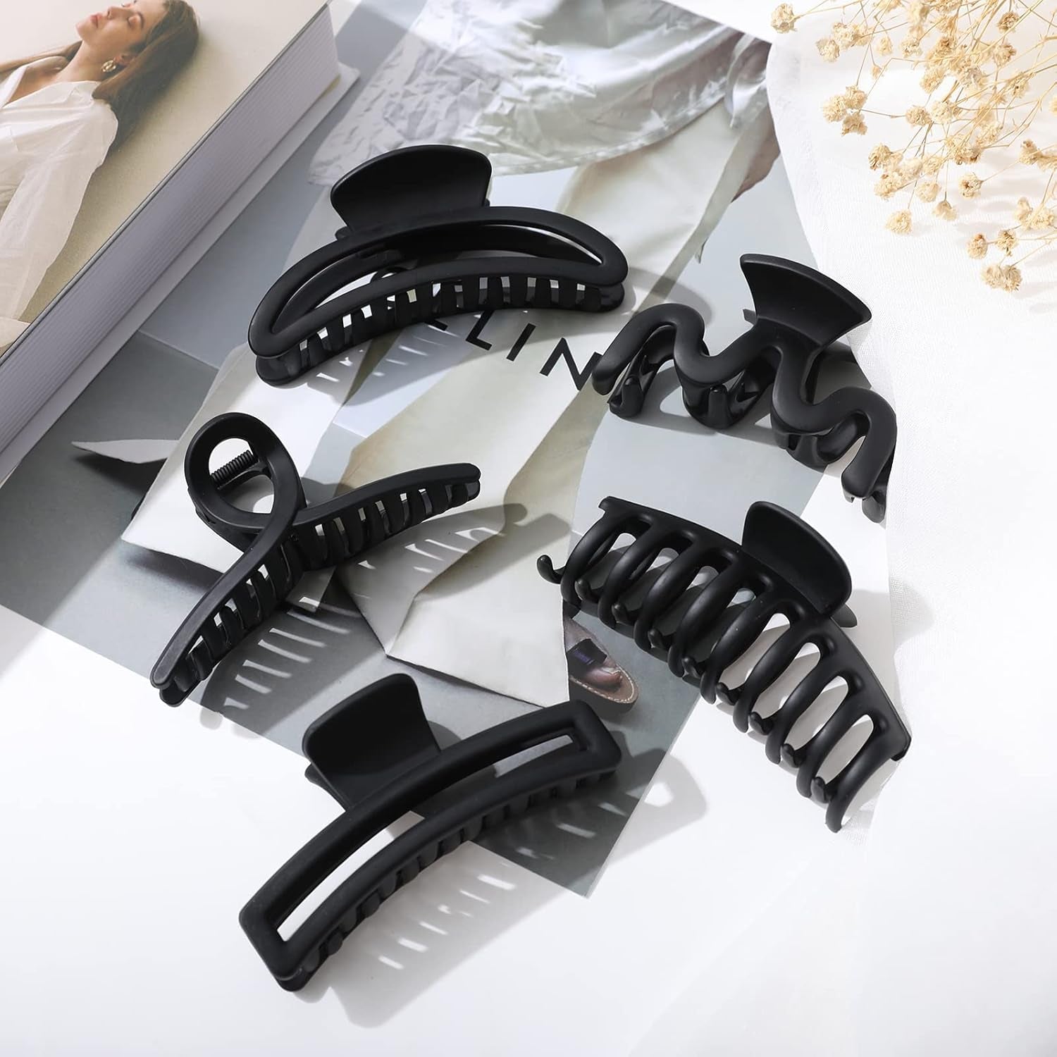 5PCS Large Claw Hair Clips for Women and Girls, Non-Slip | Sturdy Resin with Metal Spring. Grips Thick, Fine & Curly Locks All Day. Soft Matte Feel, 5 Assorted Designs