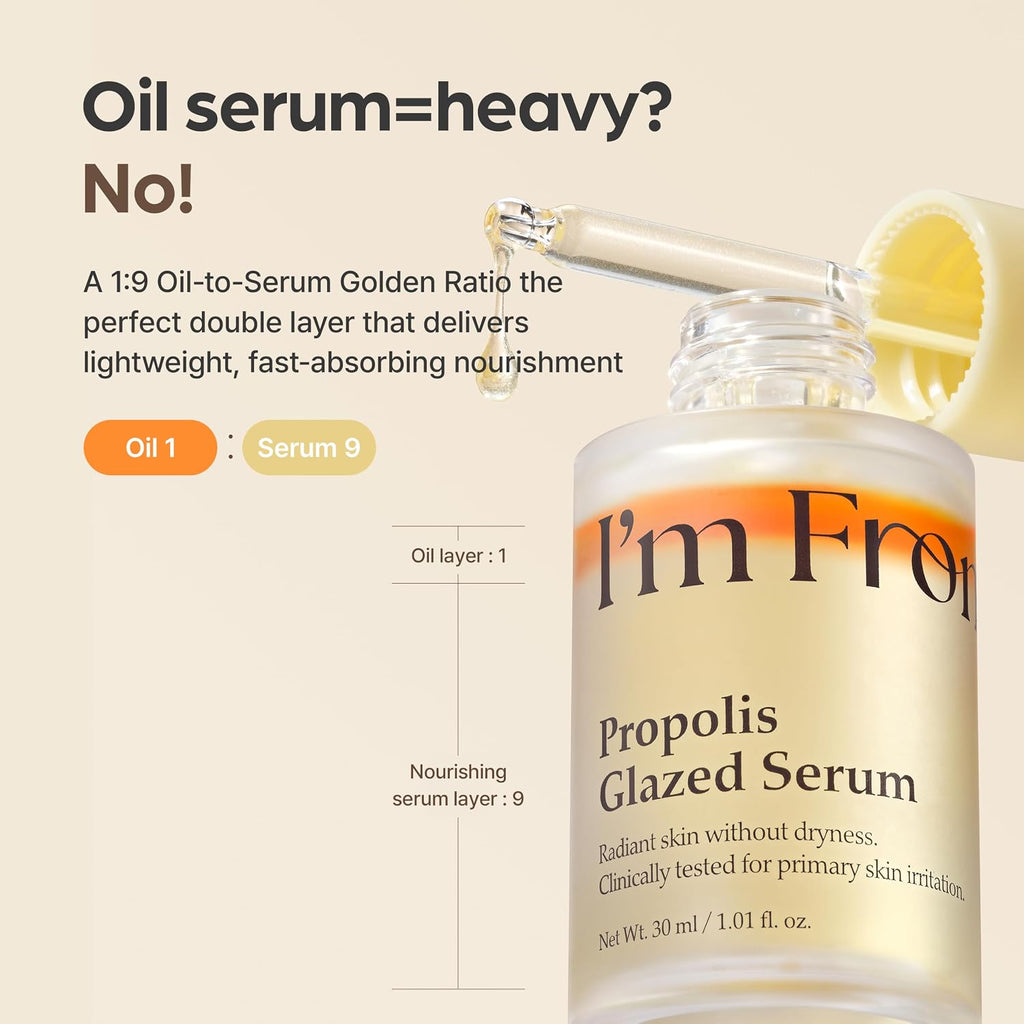 Propolis Glazed Serum, Honey-Based Glow Serum for Glass Skin, Hydration & Skin Barrier Care, Lightweight Dual-Layer Formula, Niacinamide, Korean Skin Care 1.01Fl.Oz
