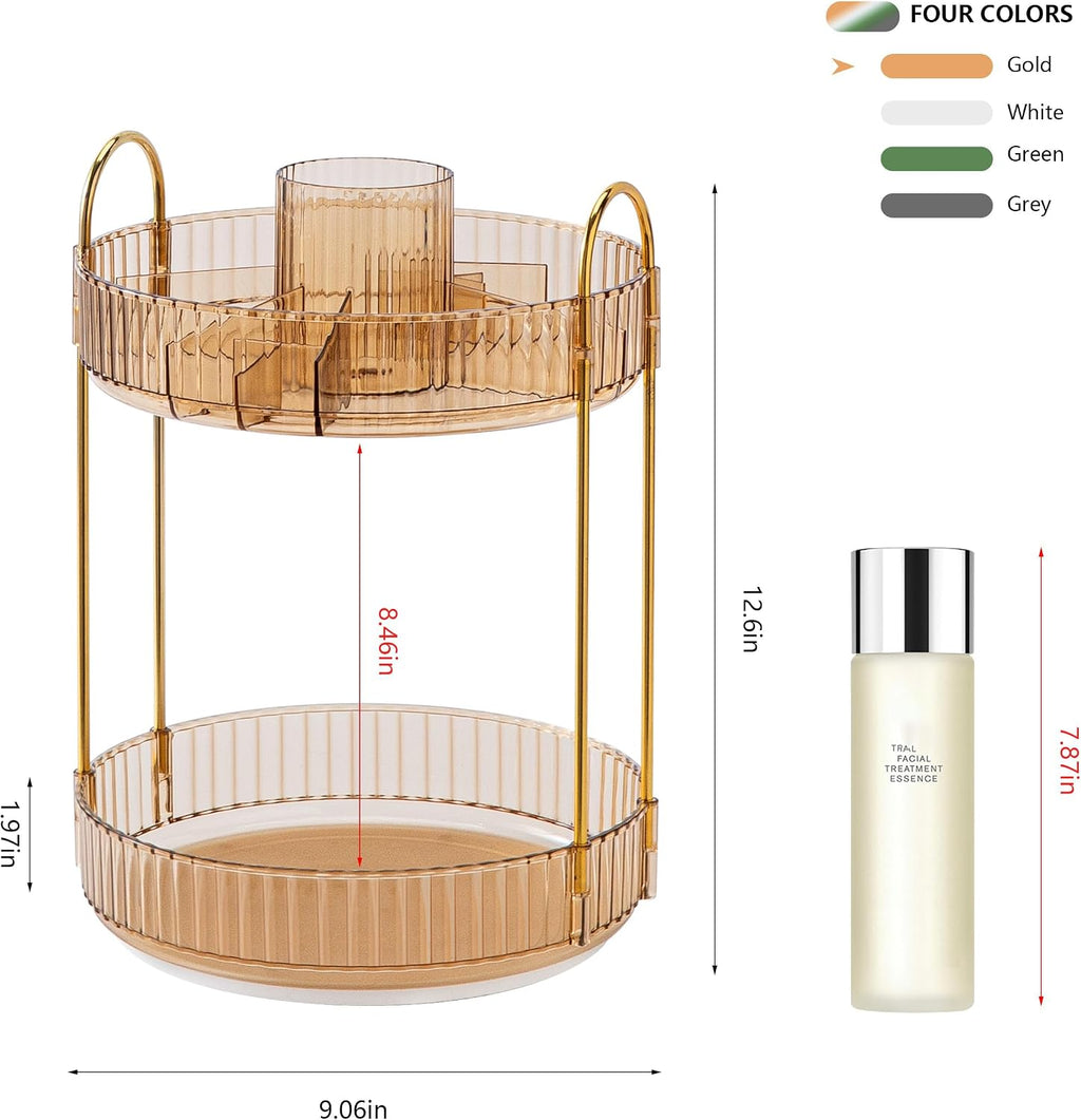 Rotating Makeup Organizer for Vanity, Large Capacity Make up Storage Skin Care Shelf Perfume Holders Cosmetic Dresser Organizer Countertop Spinning 360 (Amber Gold, 2Tiers)