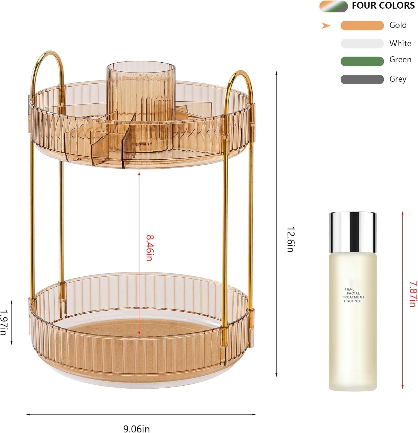 Rotating Makeup Organizer for Vanity, Large Capacity Make up Storage Skin Care Shelf Perfume Holders Cosmetic Dresser Organizer Countertop Spinning 360 (Amber Gold, 2Tiers)