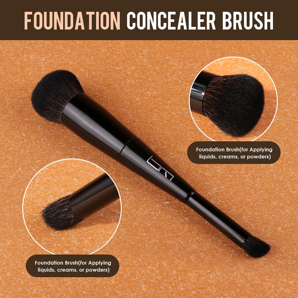 S50 3-Piece Makeup Brush and Sponge Set for Flawless Application - Includes Foundation Brush, Blending Sponge, and Dual End Kabuki & Concealer Brush, Synthetic Bristles, Black