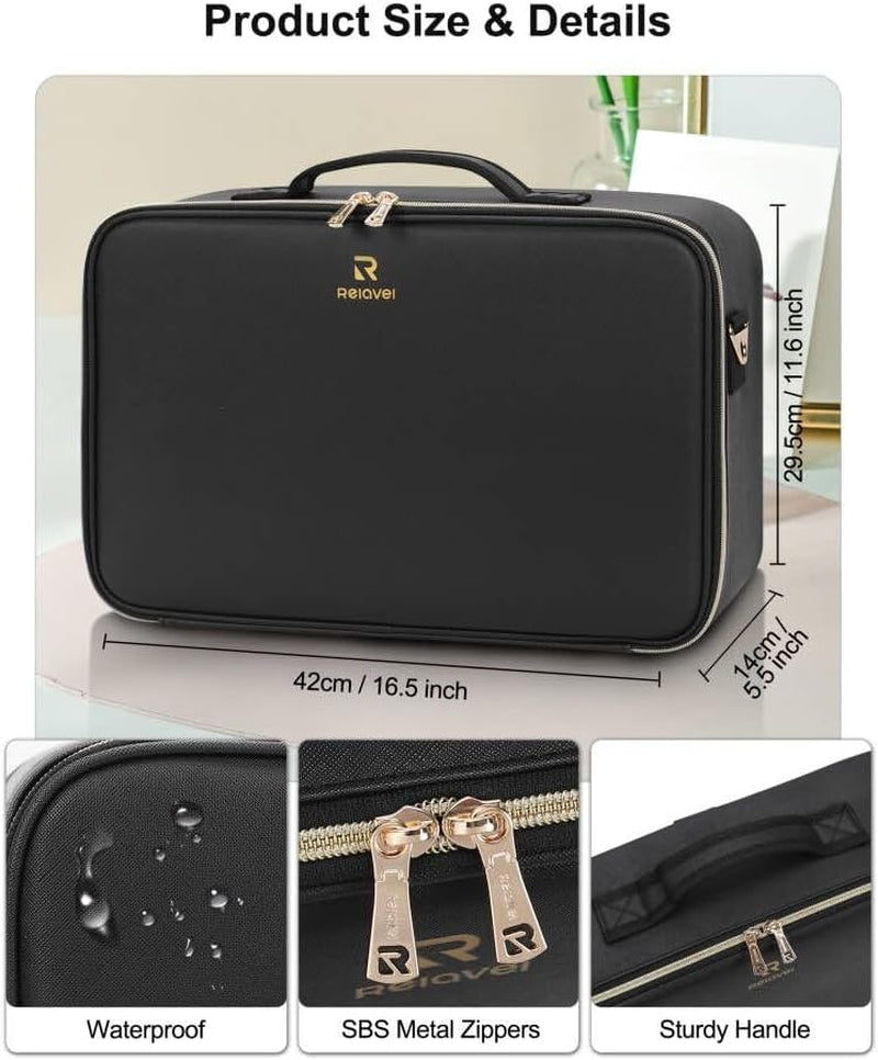 Travel Makeup Bag with LED Mirror, 16.2" Large Makeup Train Case | 3 Color Scenarios Adjustable Brightness, Waterproof Makeup Train Case Organizer with DIY Dividers for Makeup Artist, Black