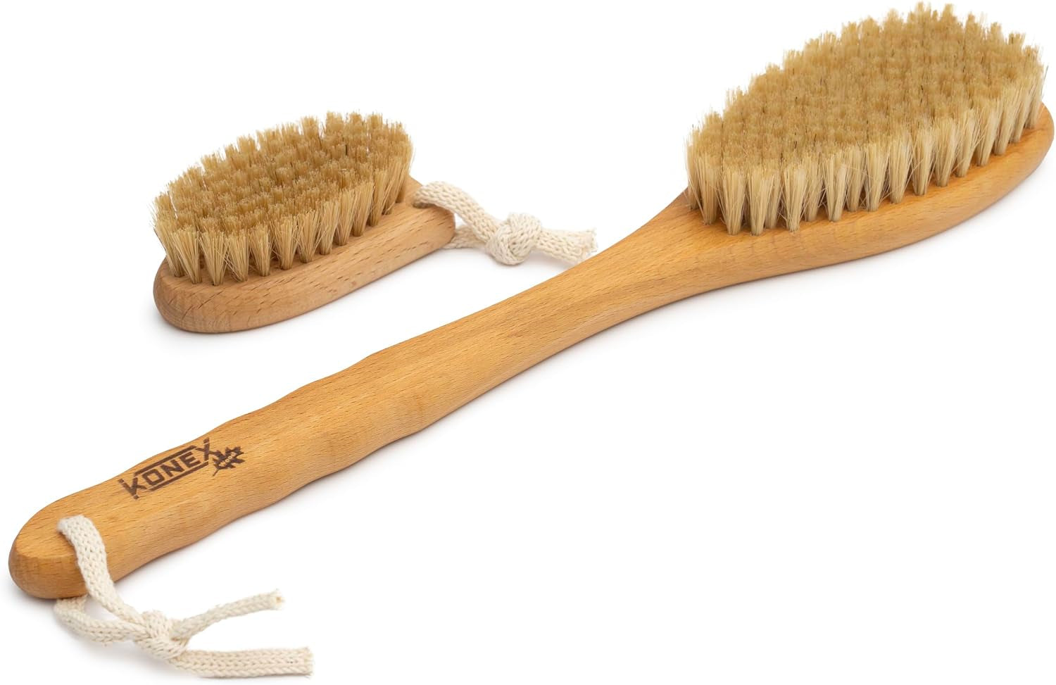 Bath Brush Set, Exfoliating Shower Scrubber, Dry Brushing Body Brush Set, Pore Opening, Beechwood Handle with Natural Bristle Large 15" plus Small Face Brush