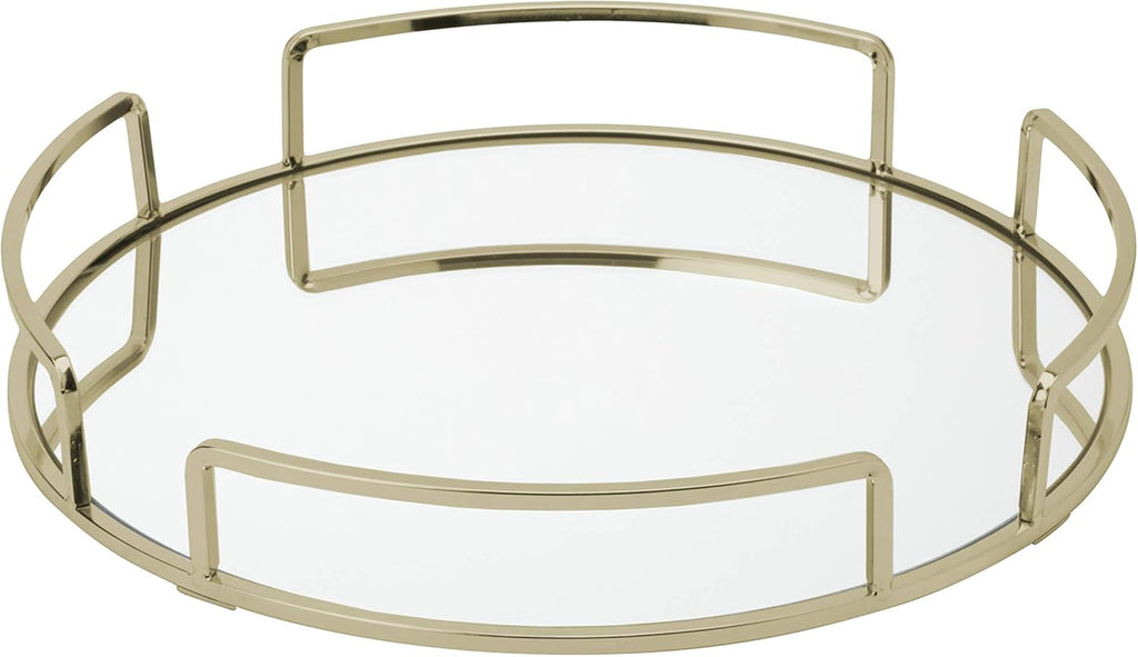 Rounded Mirrored Vanity Tray | Dimensions : 12.99" L X 12.99" W X 2.05" H | Glass Base | Great for Cosmetics | Jewelry | Toiletries | Organization | Stain Gold
