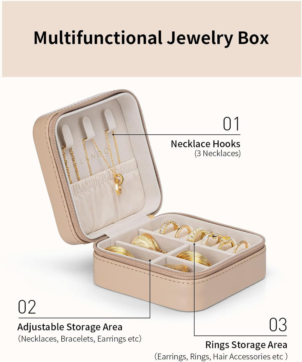 Travel Jewelry Case, Compact Design, Necklace Hook, Anti-Tangle | Removable Dividers, Waterproof PU Leather, Scratch-Resistant Lining, Portable Storage for Rings, Earrings, Necklace，Bracelet