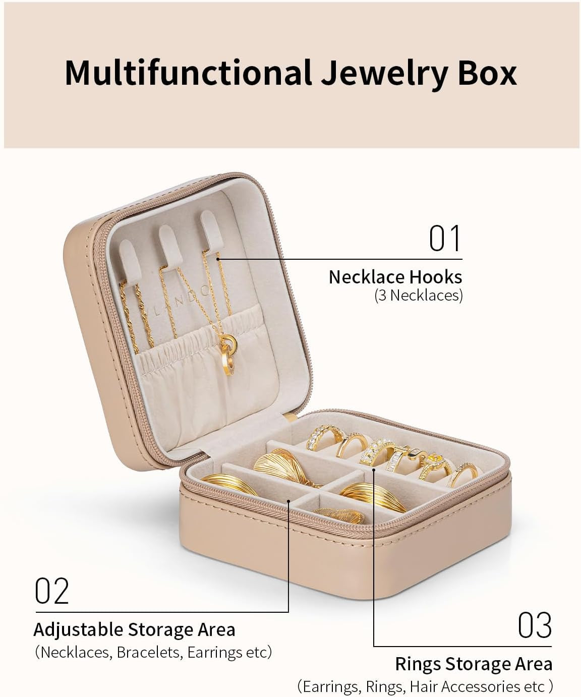 Travel Jewelry Case, Compact Design, Necklace Hook, Anti-Tangle | Removable Dividers, Waterproof PU Leather, Scratch-Resistant Lining, Portable Storage for Rings, Earrings, Necklace，Bracelet