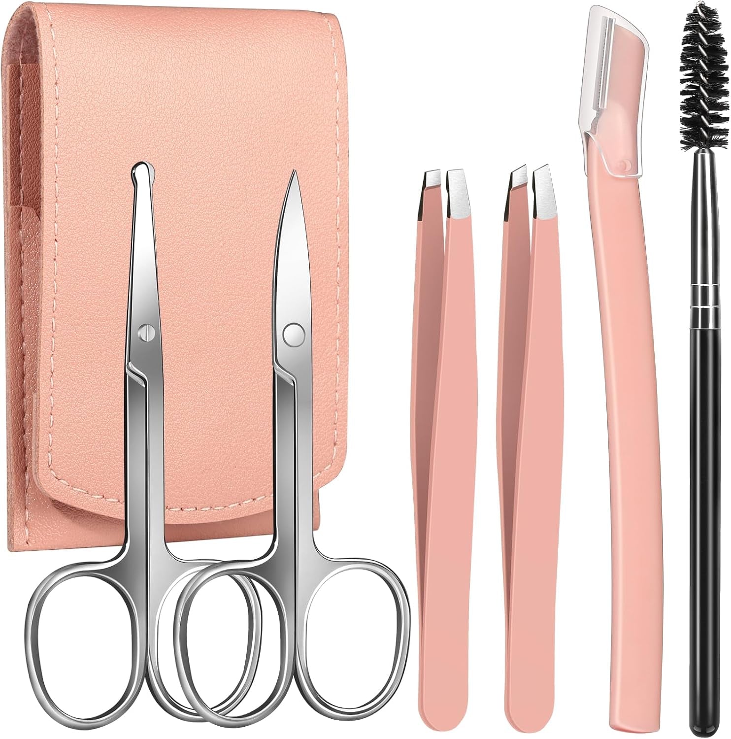 Eyebrow Kit with Leather Case - Eyebrow Scissors, Tweezers, Razor, Brush for Women & Men - Facial Hair & Ingrown Hair Removal