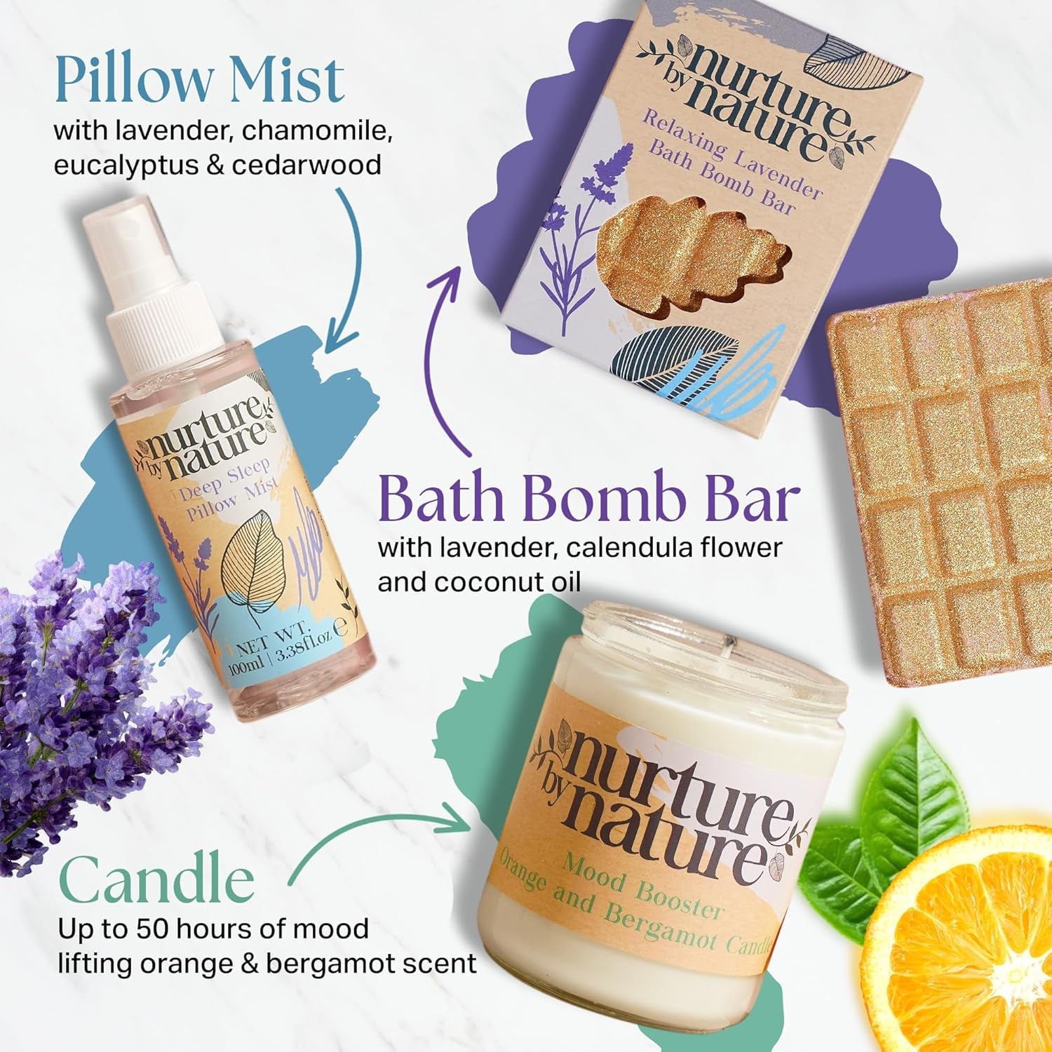 Nurture by Nature Self Care Gifts for Women - Spa Gift Baskets for Women & Relaxation Gifts | at Home Spa Kit | 6 Piece Bath Set with Pillow Spray, Candle, Bath Bomb & Bath Salts