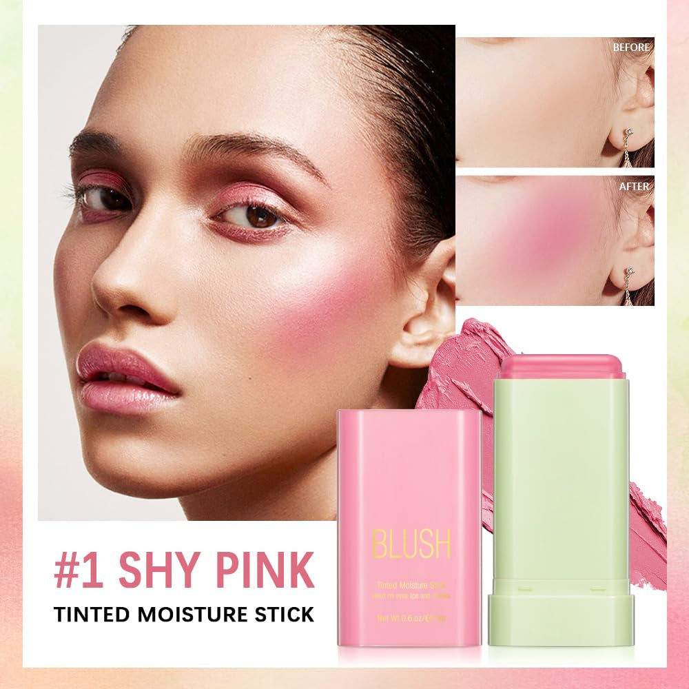 Multi-Use Blush Stick,Soft Creamy Blush,2-In-1 Cheek and Lip Tint,Waterproof Hydrating Solid Natural Moisture Smooth Blendable Matte Finish Face Blush Makeup,01 Shy Pink