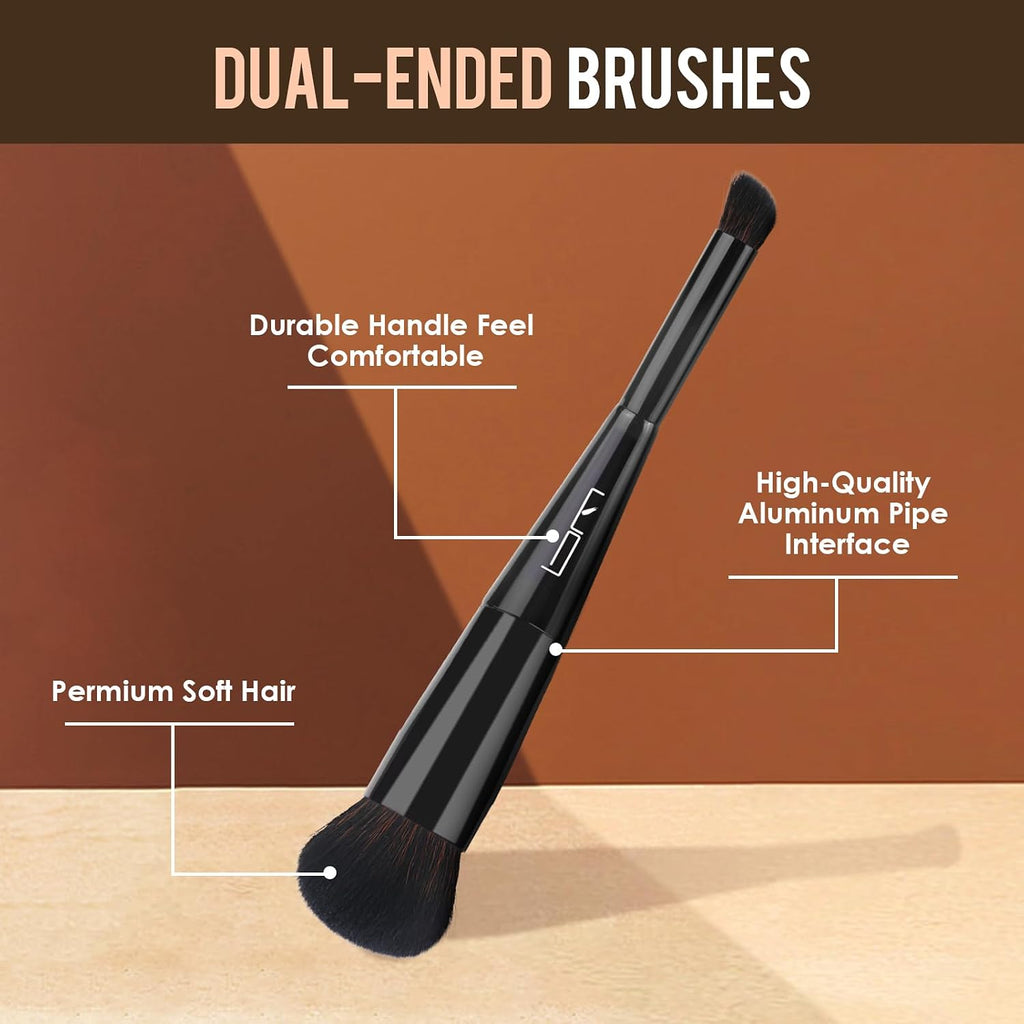S50 3-Piece Makeup Brush and Sponge Set for Flawless Application - Includes Foundation Brush, Blending Sponge, and Dual End Kabuki & Concealer Brush, Synthetic Bristles, Black