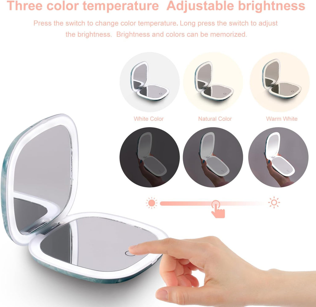 Compact Mirror with Light-4 Inches Compact 1X/10X Magnifying Mirror | Double Sides Lighted, 3 Colors Lighting, 0-100% Brightness, Diammable Touch, 1200Mah Rechargeable, for Pocket, Purse