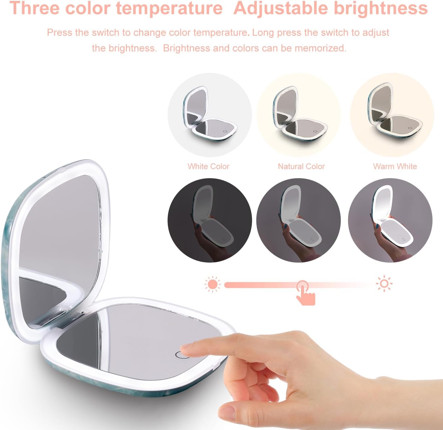 Compact Mirror with Light-4 Inches Compact 1X/10X Magnifying Mirror | Double Sides Lighted, 3 Colors Lighting, 0-100% Brightness, Diammable Touch, 1200Mah Rechargeable, for Pocket, Purse