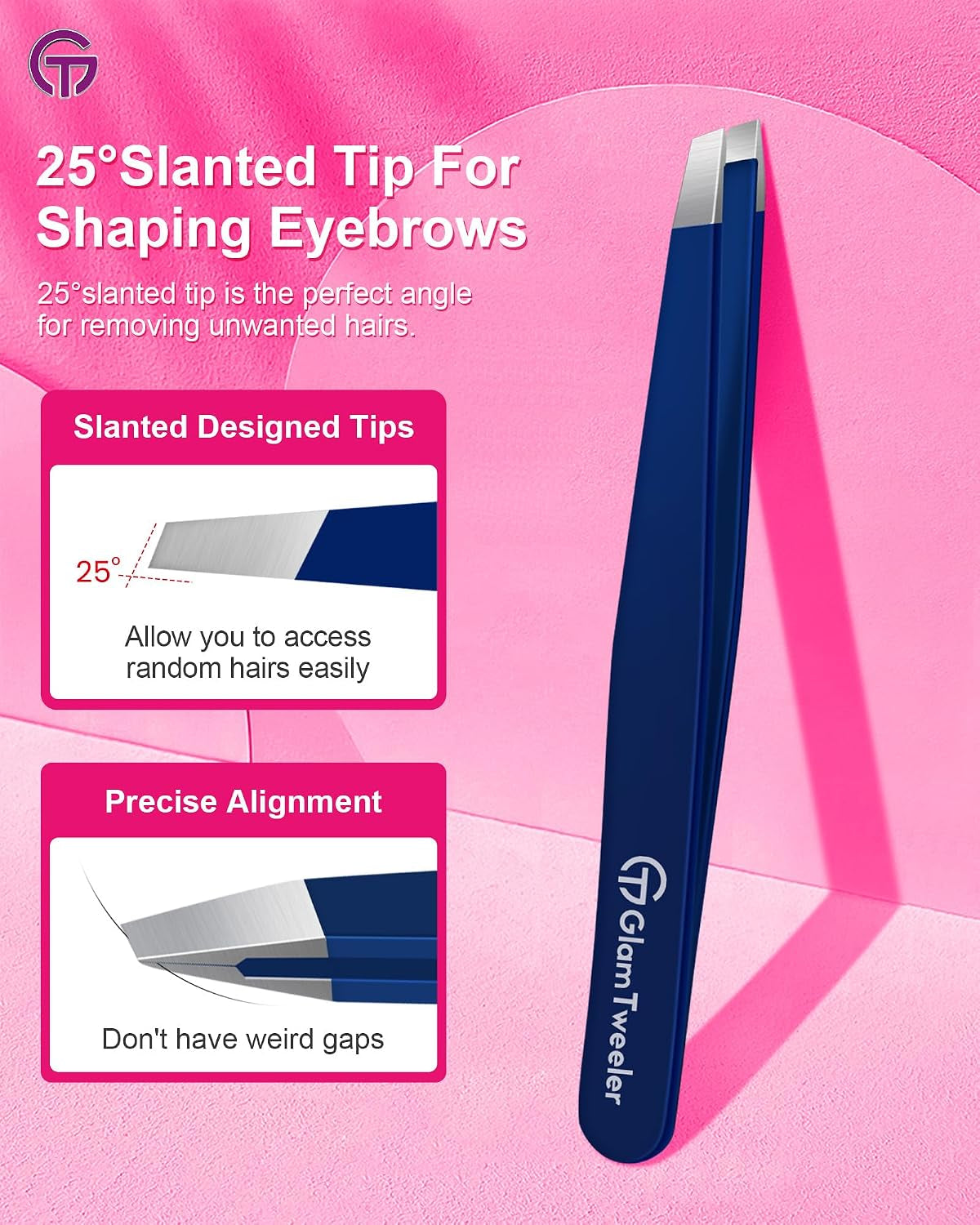 Expert Slant Tip Tweezers with Leather Travel Case,  Sharp & Precision Stainless Steel Tweezer for Eyebrows, Facial Hair and Fine Hairs Removal (Navy Blue)