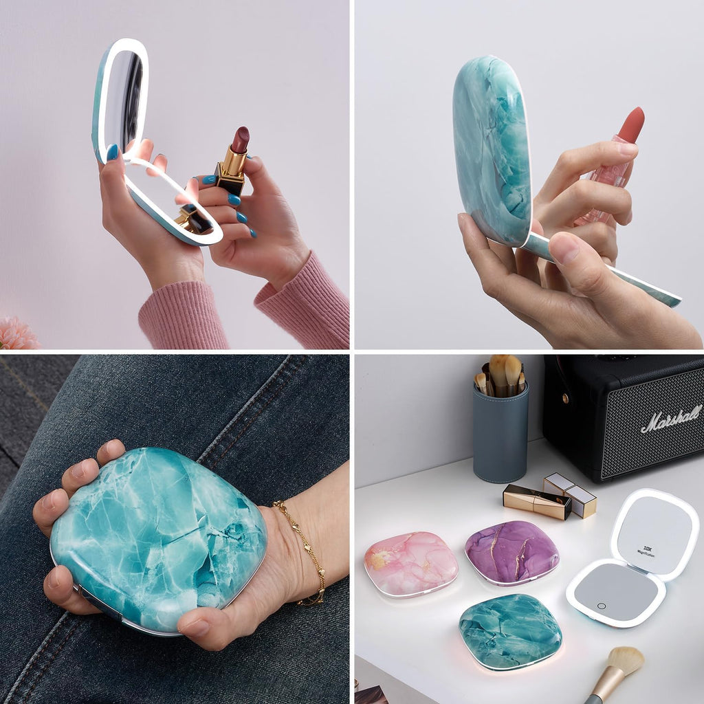 Compact Mirror with Light-4 Inches Compact 1X/10X Magnifying Mirror | Double Sides Lighted, 3 Colors Lighting, 0-100% Brightness, Diammable Touch, 1200Mah Rechargeable, for Pocket, Purse