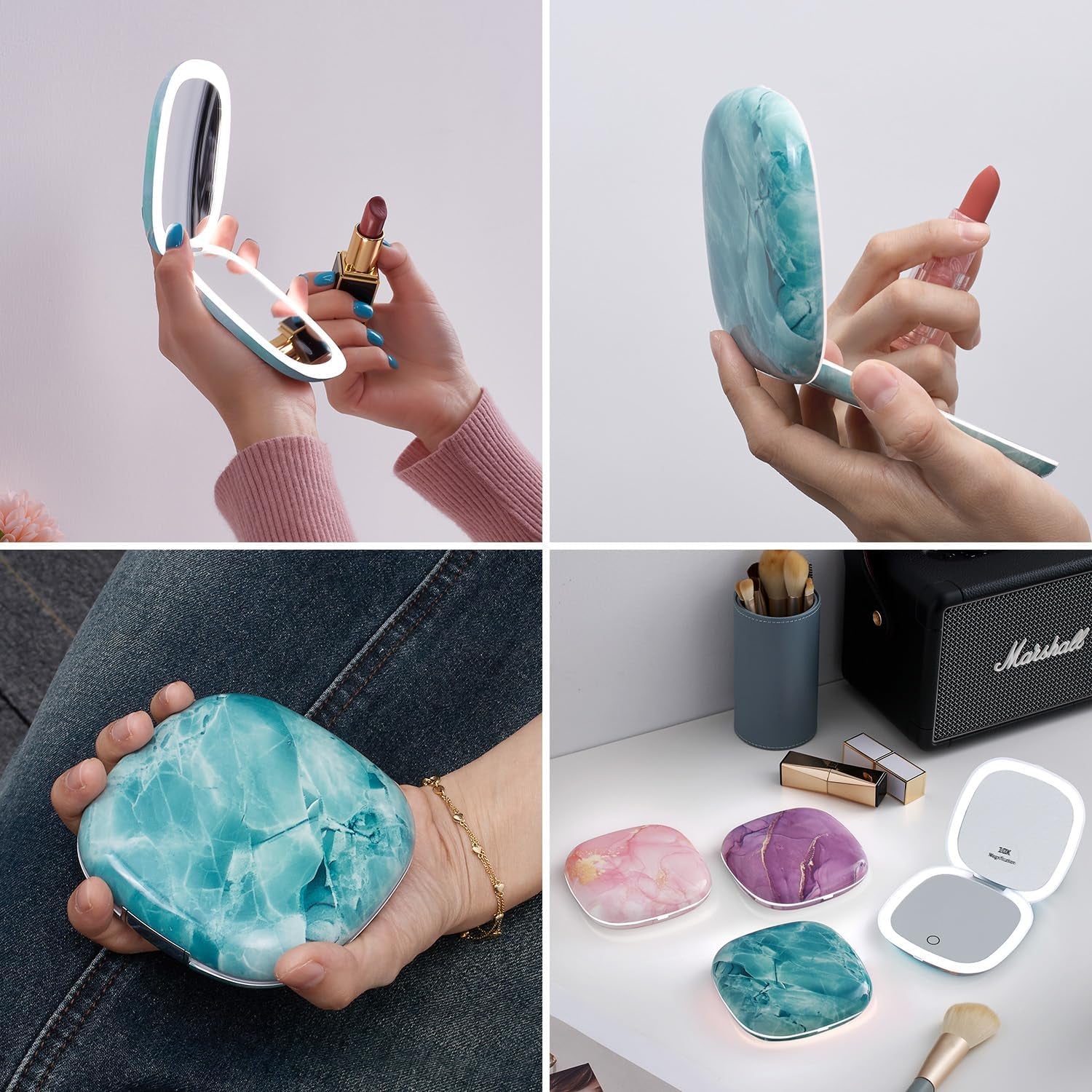 Compact Mirror with Light-4 Inches Compact 1X/10X Magnifying Mirror | Double Sides Lighted, 3 Colors Lighting, 0-100% Brightness, Diammable Touch, 1200Mah Rechargeable, for Pocket, Purse