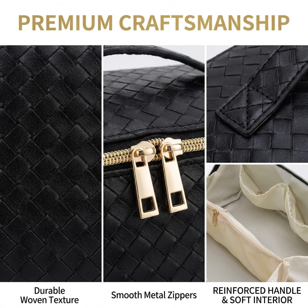 Travel Makeup Bag for Women, Cosmetic Organizer Bag with Compartments | Flat Open Cosmetic Bag, Multiple Compartments, Water-Resistant PU Leather for Skincare, Brushes & Travel Essentials, Black
