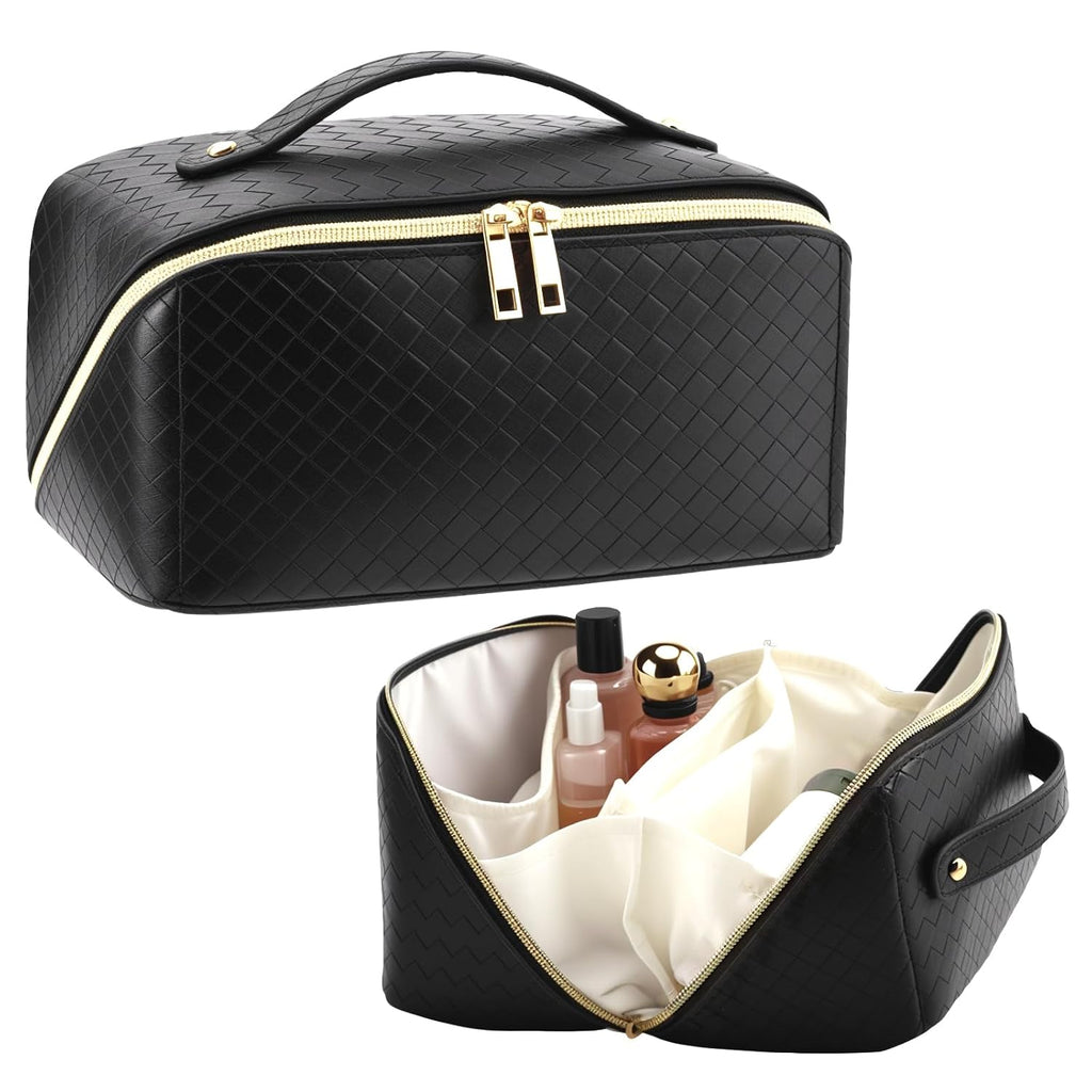 Travel Makeup Bag for Women, Cosmetic Organizer Bag with Compartments | Flat Open Cosmetic Bag, Multiple Compartments, Water-Resistant PU Leather for Skincare, Brushes & Travel Essentials, Black