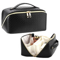 Travel Makeup Bag for Women, Cosmetic Organizer Bag with Compartments | Flat Open Cosmetic Bag, Multiple Compartments, Water-Resistant PU Leather for Skincare, Brushes & Travel Essentials, Black