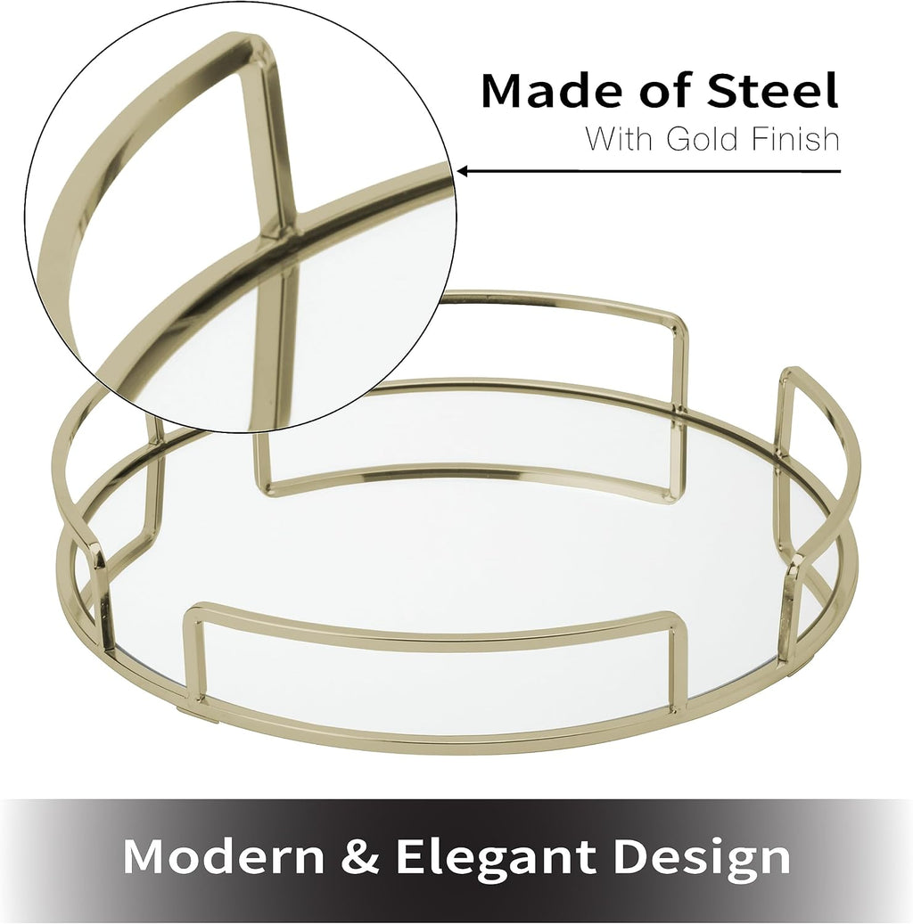 Rounded Mirrored Vanity Tray | Dimensions : 12.99" L X 12.99" W X 2.05" H | Glass Base | Great for Cosmetics | Jewelry | Toiletries | Organization | Stain Gold